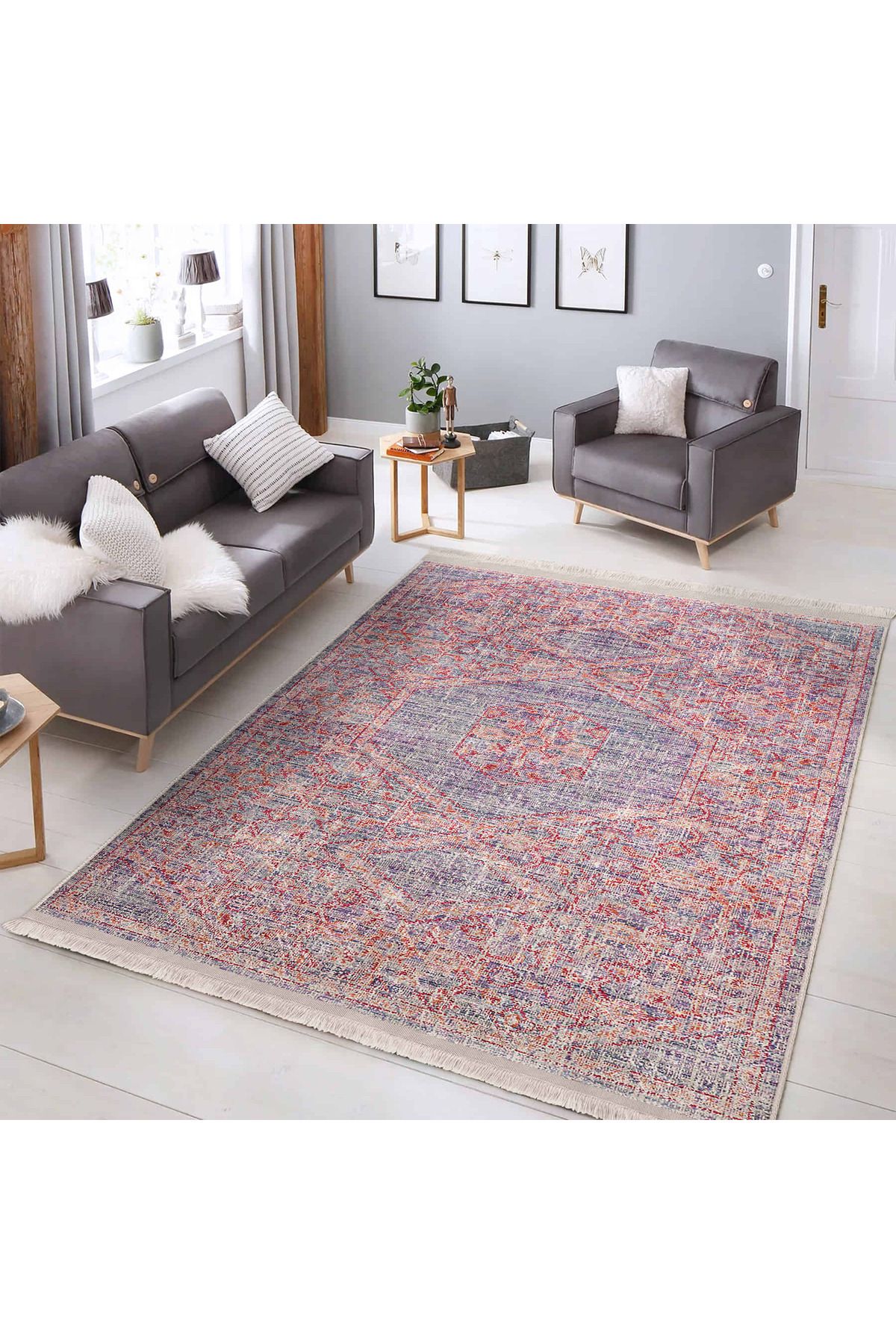 Realhomes Mor – Pembe Geometrik Desenli Salon İçin Yıkanabilir Kaymaz Taban Halı