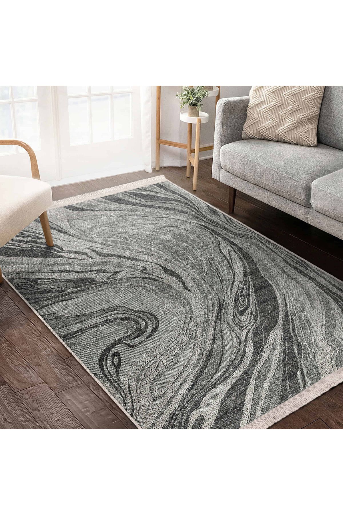 Realhomes Siyah – Gri Tonlarında Modern Marbling Desenli Yıkanabilir Kaymaz Taban Salon Halısı