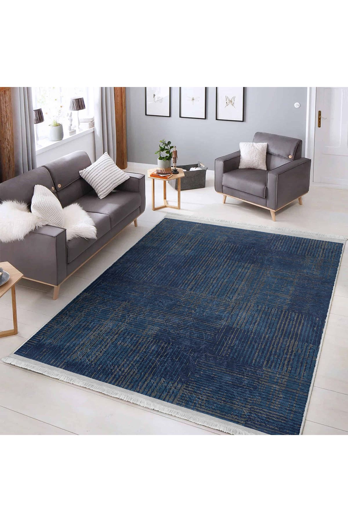 Realhomes Lacivert–Bej Çizgili Desenli Modern Salon Halısı Kaymaz Tabanlı Yıkanabilir Dikdörtgen Halı