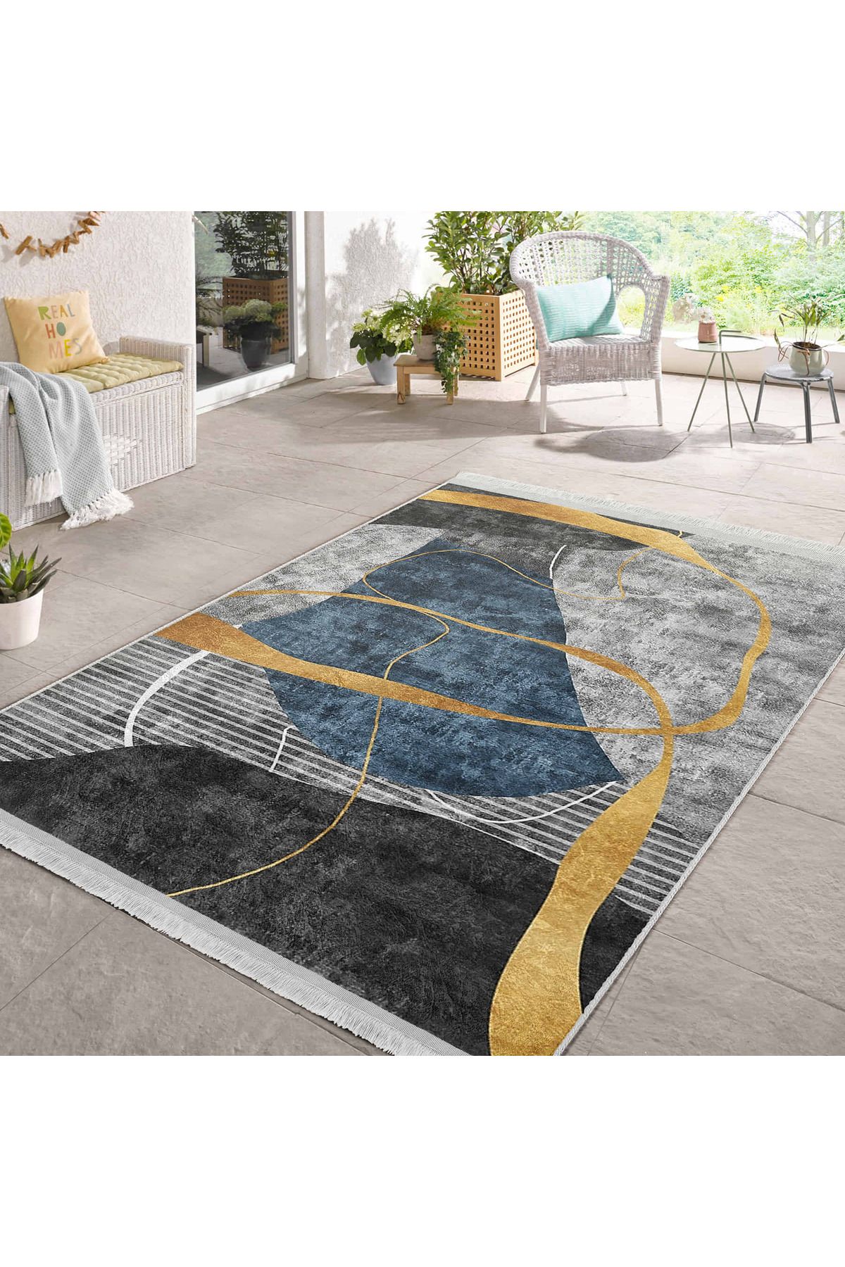Realhomes Modern Geometrik Desenli Mavi ve Altın Renkli Yıkanabilir Kaymaz Taban Salon Halısı