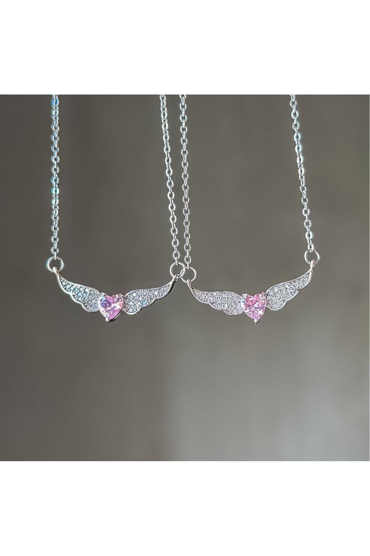 Perry Accesories kararmaz çelik oynar kanatlı pembe kalp kolye melek kanatlı çelik kadın kolye pembe taş kolye