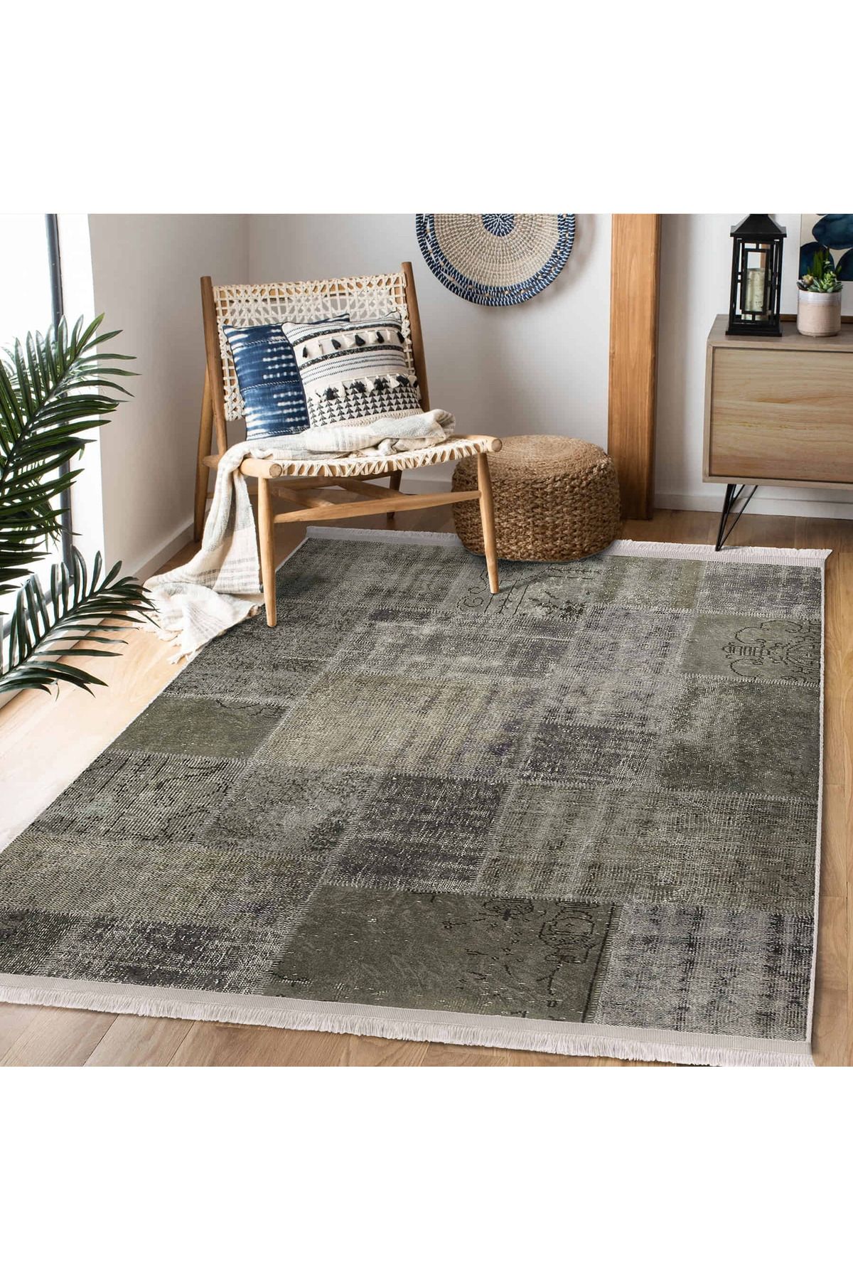 Realhomes Desenli Gri – Bej Patchwork Motifli Şık Salon Halısı Yıkanabilir Kaymaz Taban Halı