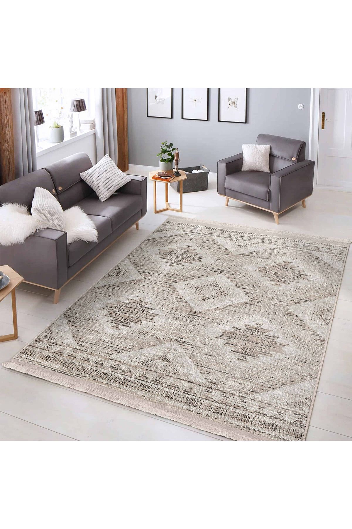 Realhomes Bej – Gümüş Tonlarında Geometrik Desenli Yıkanabilir Kaymaz Taban Halı
