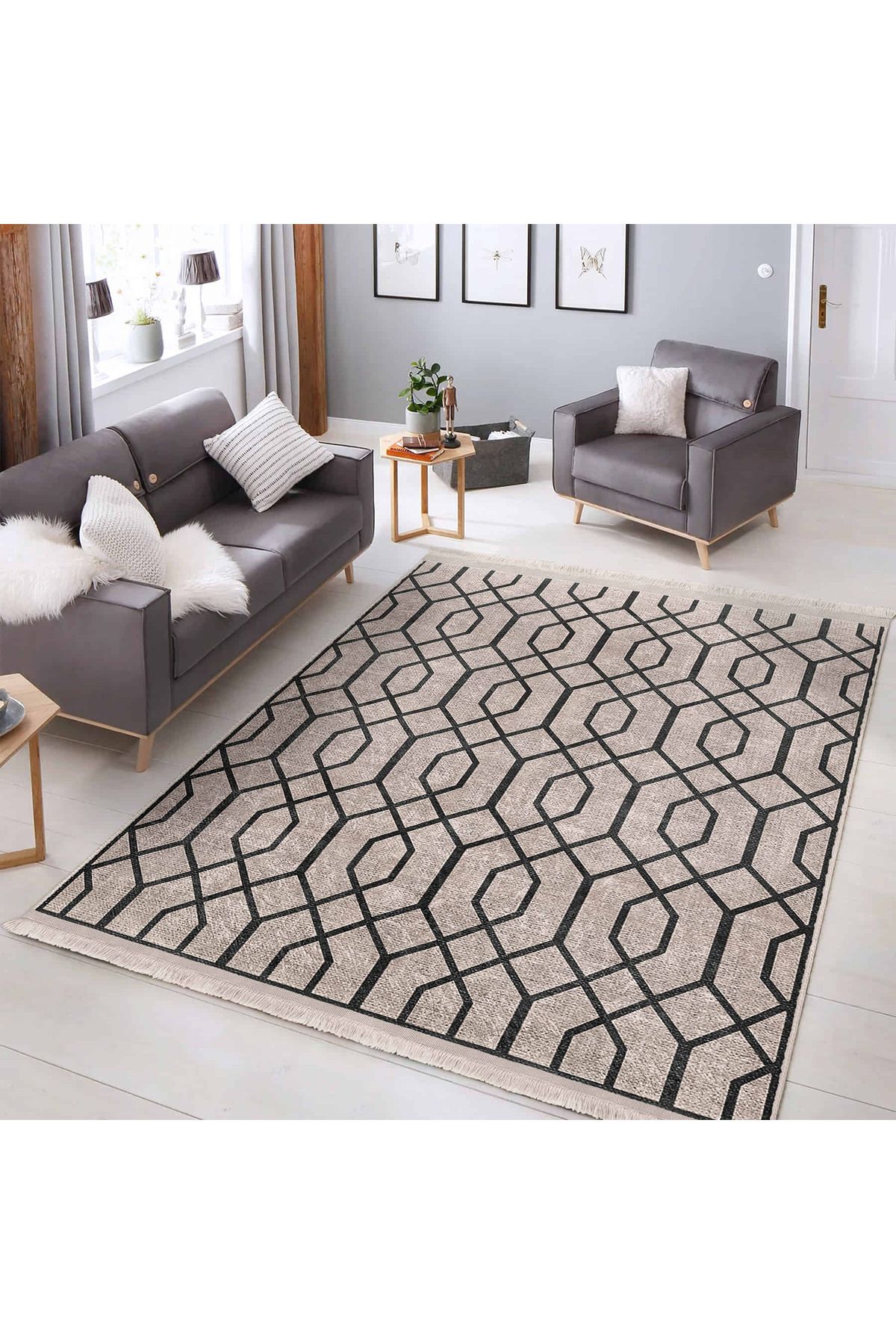 Realhomes Zarif Geometrik Desenli Modern Kaymaz Tabanlı ve Yıkanabilir Dikdörtgen Halı
