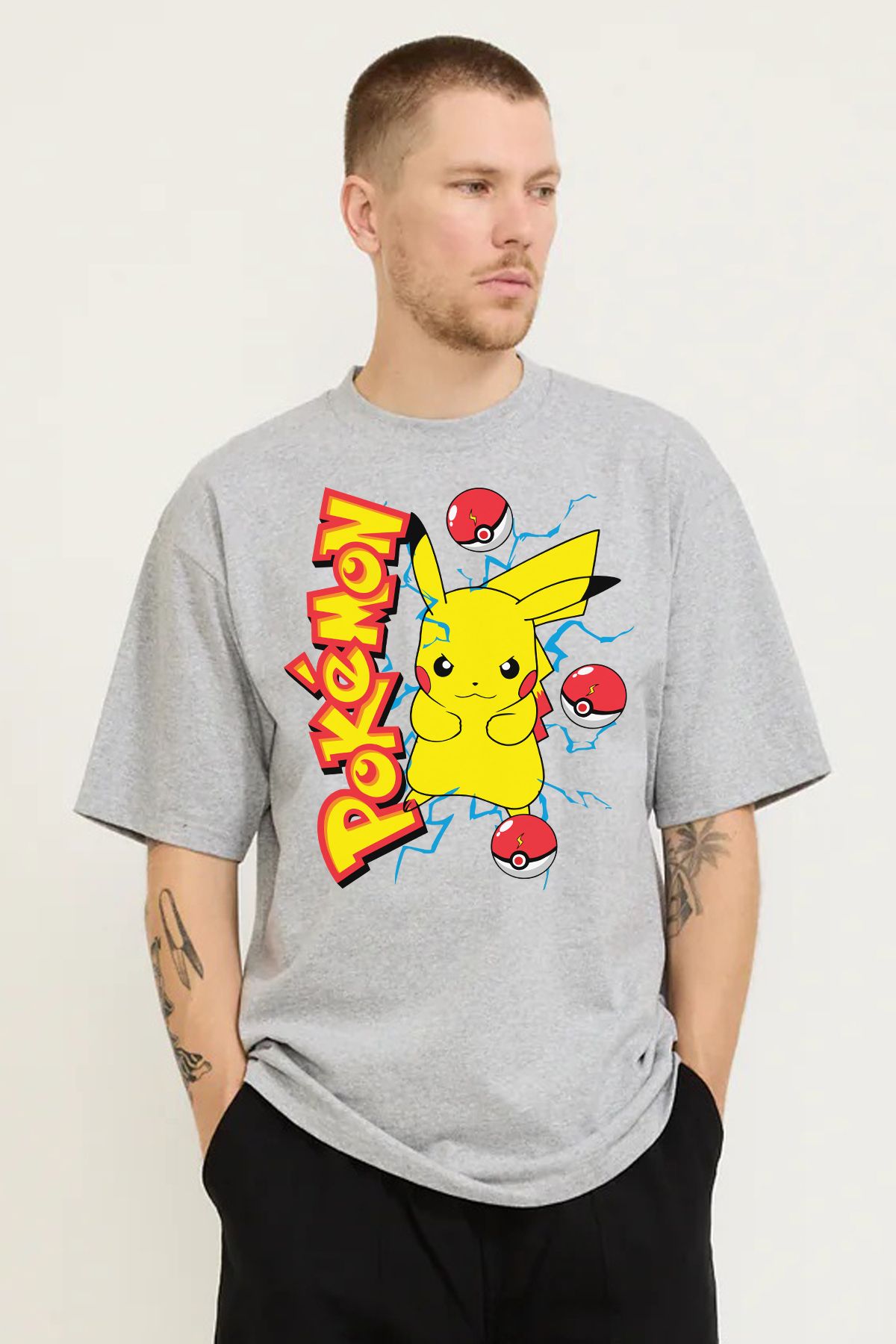 MODA Pokemon Pikachu Baskılı Oversize Kalıp Grimelanj Bol Geniş Kesim Erkek Tişört