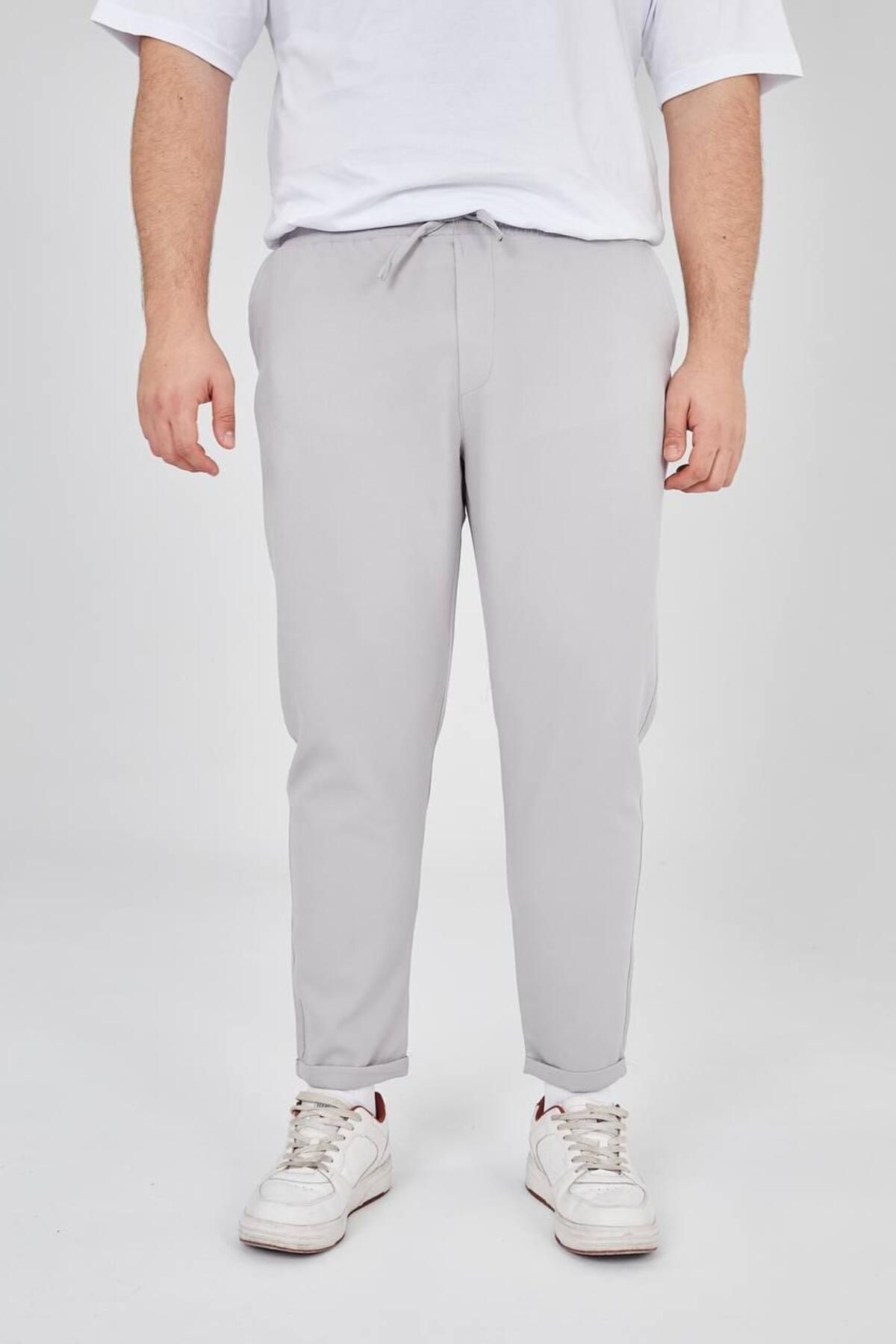 MODA JUMBO GRİ DOKUMA ARKA CEPLİ KEMERİ LASTİKLİ DÜZ PAÇA PANTOLON