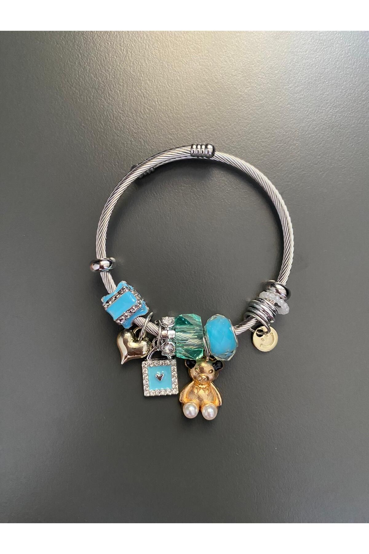 DİAPANTE Kadın Çelik Halat Bileklik Turkuaz Taşlı Ayıcık Kalp Charm Trend Tasarım Sevgili Özel Gün Hediye