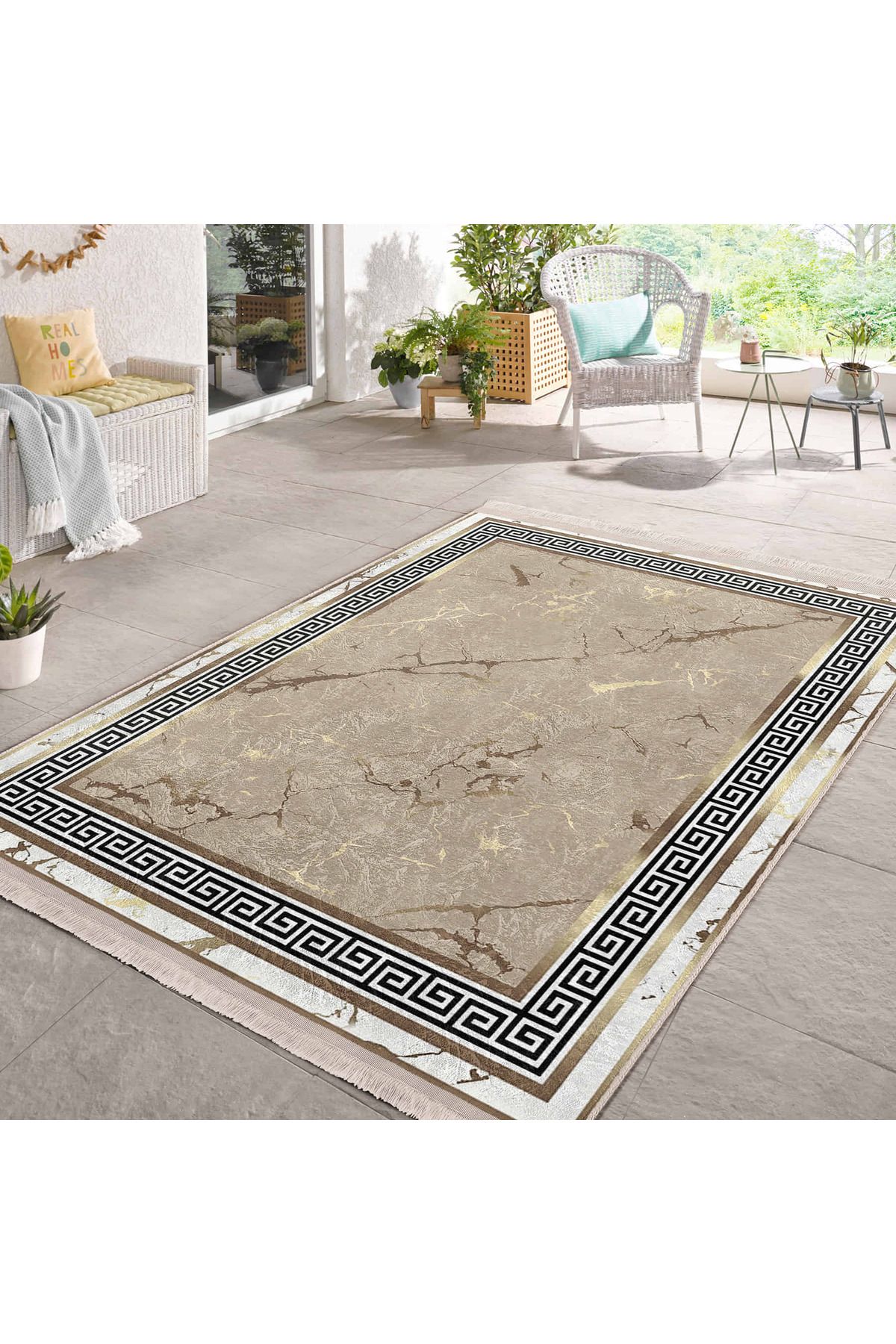 Realhomes Bej & Altın Renkli Mermer Desenli Şık Salon Halısı – Yıkanabilir Kaymaz Taban Halı