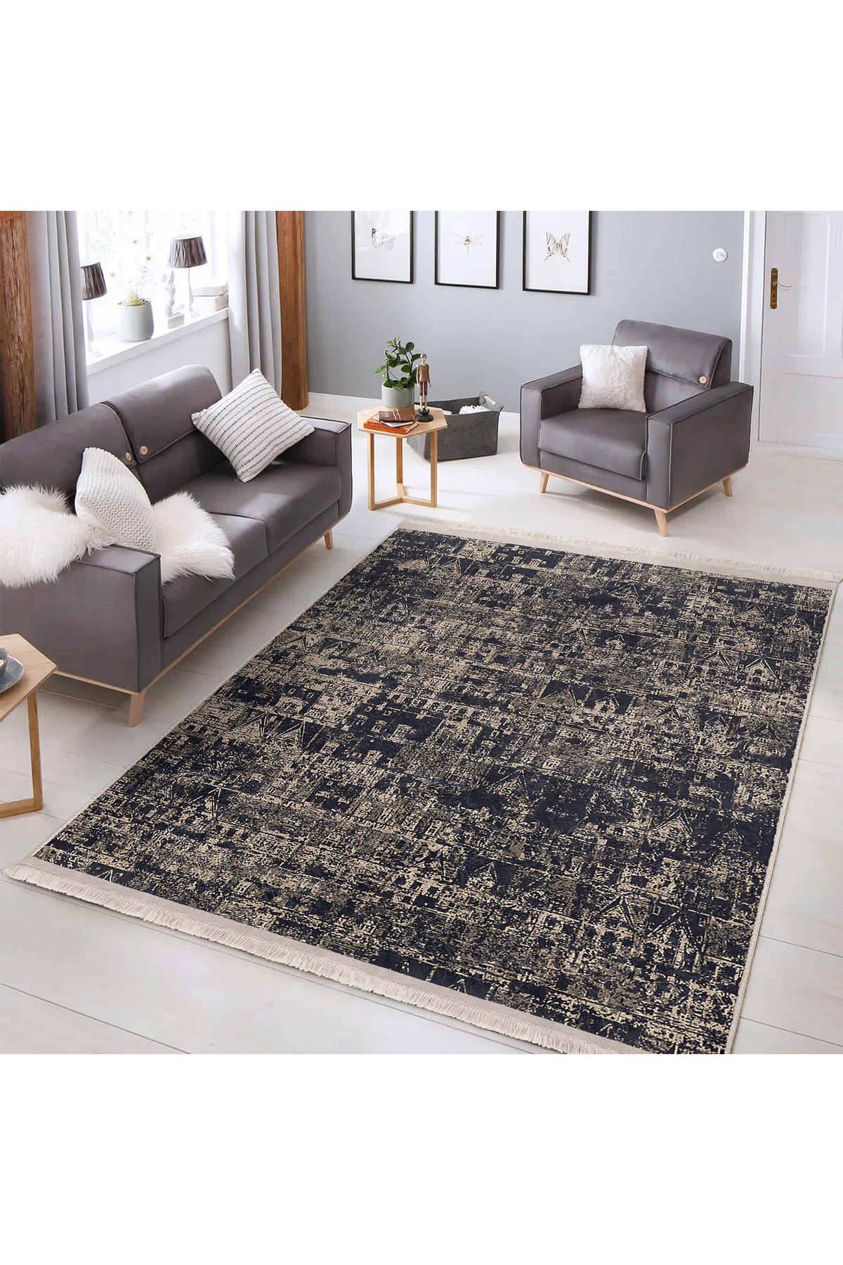 Realhomes Koyu Mavi – Bej Renkli Vintage Desenli Modern Yıkanabilir Kaymaz Taban Halı