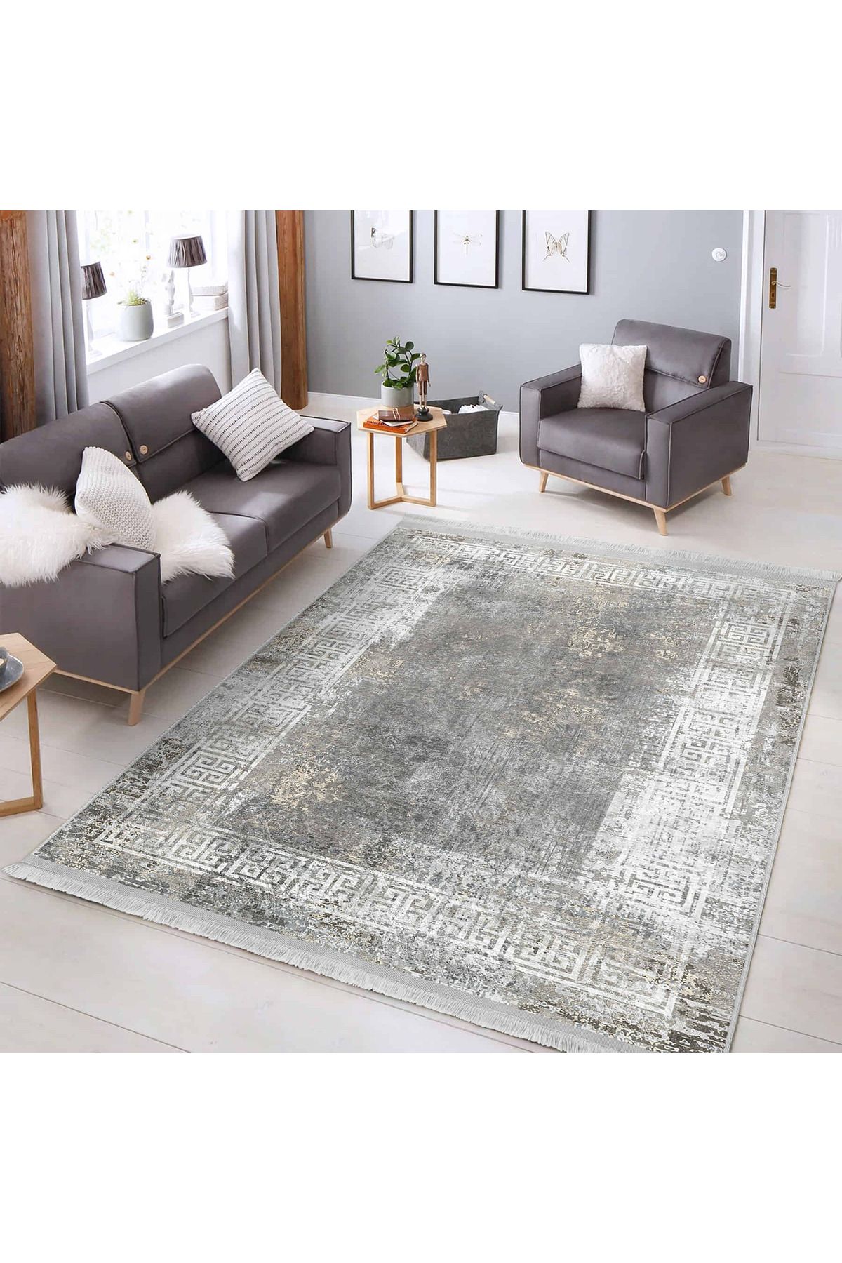 Realhomes Gri Zemin Üzerinde Klasik Desenli Salon İçin Makinede Yıkanabilir Kaymaz Taban Halı