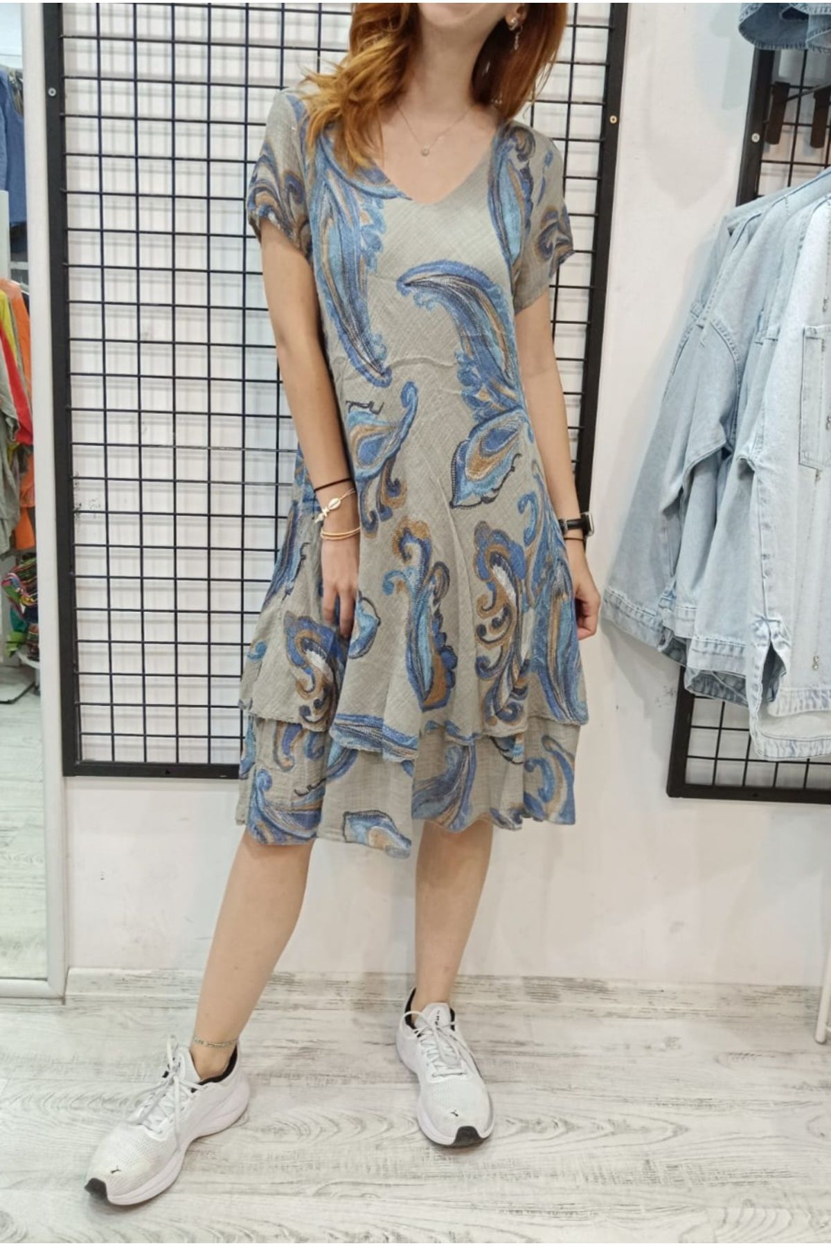 Butik Şans Şal Desenli Kısa Kollu V yaka İtalyan Koton Elbise