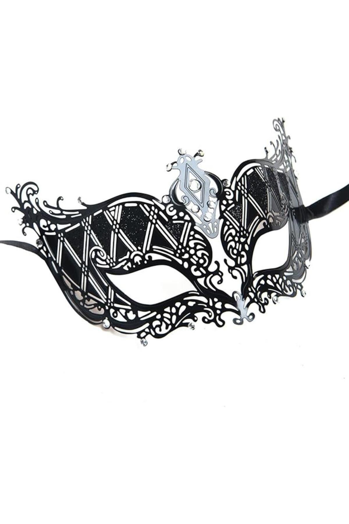Yuba Avm Nessiworld Kristal Gümüş Taşlı Siyah Renk Metal Lüks Maske Balo Parti