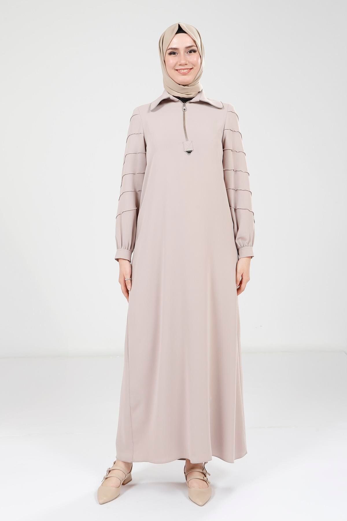 Beyza Fermuarlı Bej Elbise 9379