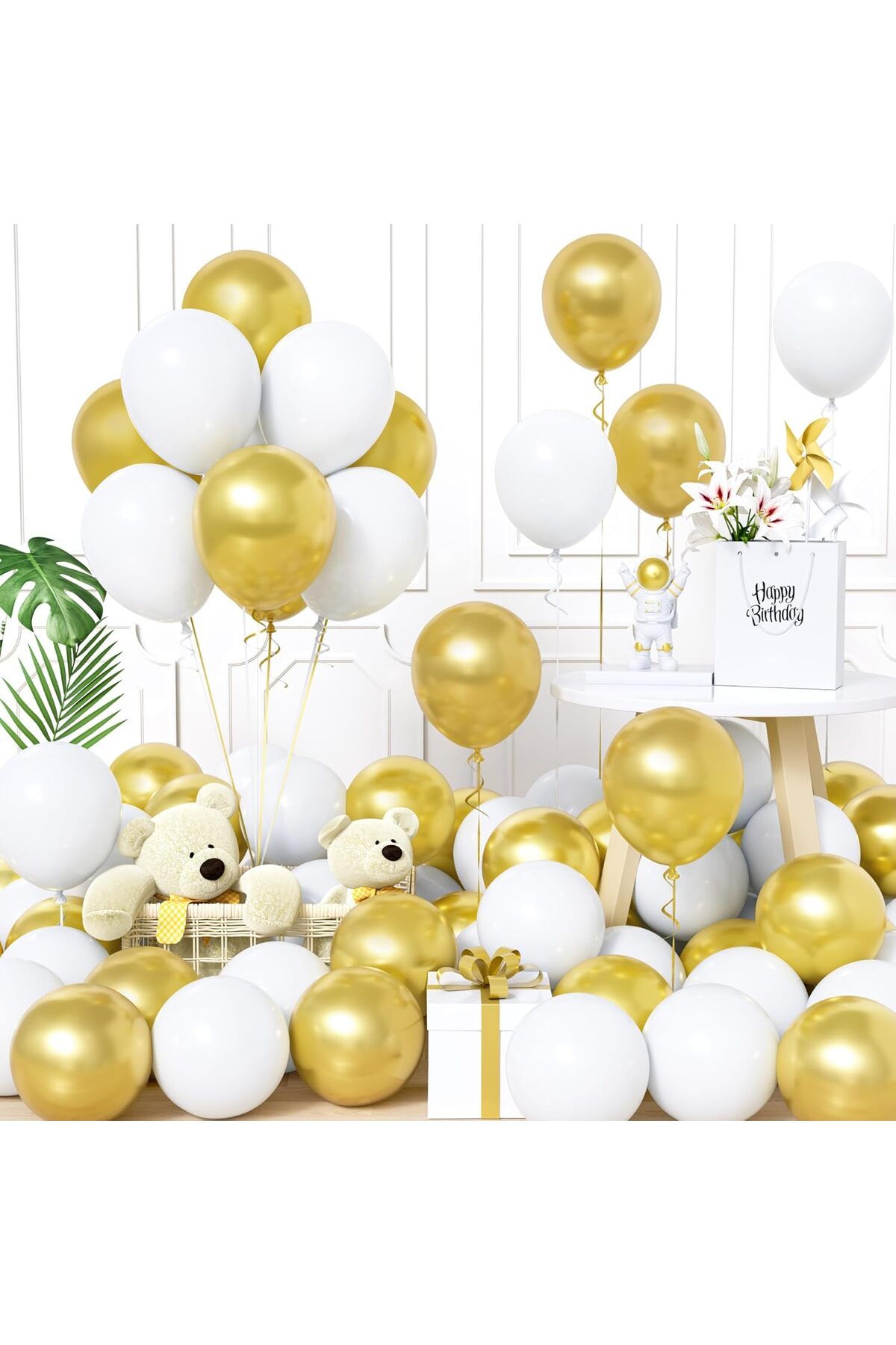 BALON DİYARI 15 Adet Gold & Beyaz Balon Seti – Işıltılı ve Şık Parti Dekoru