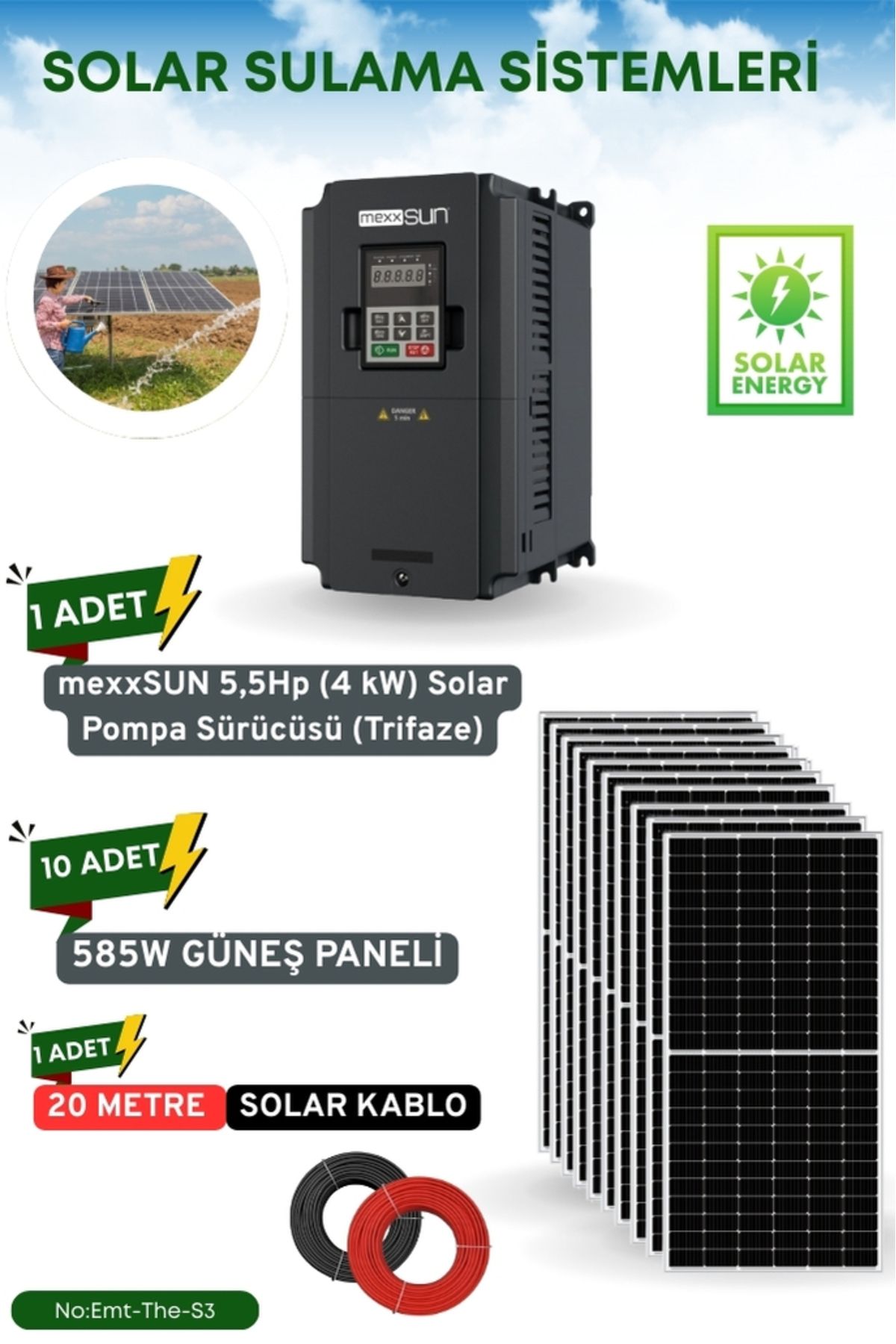 TNL SOLAR GÜNEŞ ENERJİ SULAMA SİSTEMİ MEXSUNN 5.5 HP 4KW TRİFAZE SOLAR POMPA SÜRÜCÜSÜ 585 W Güneş Paneli