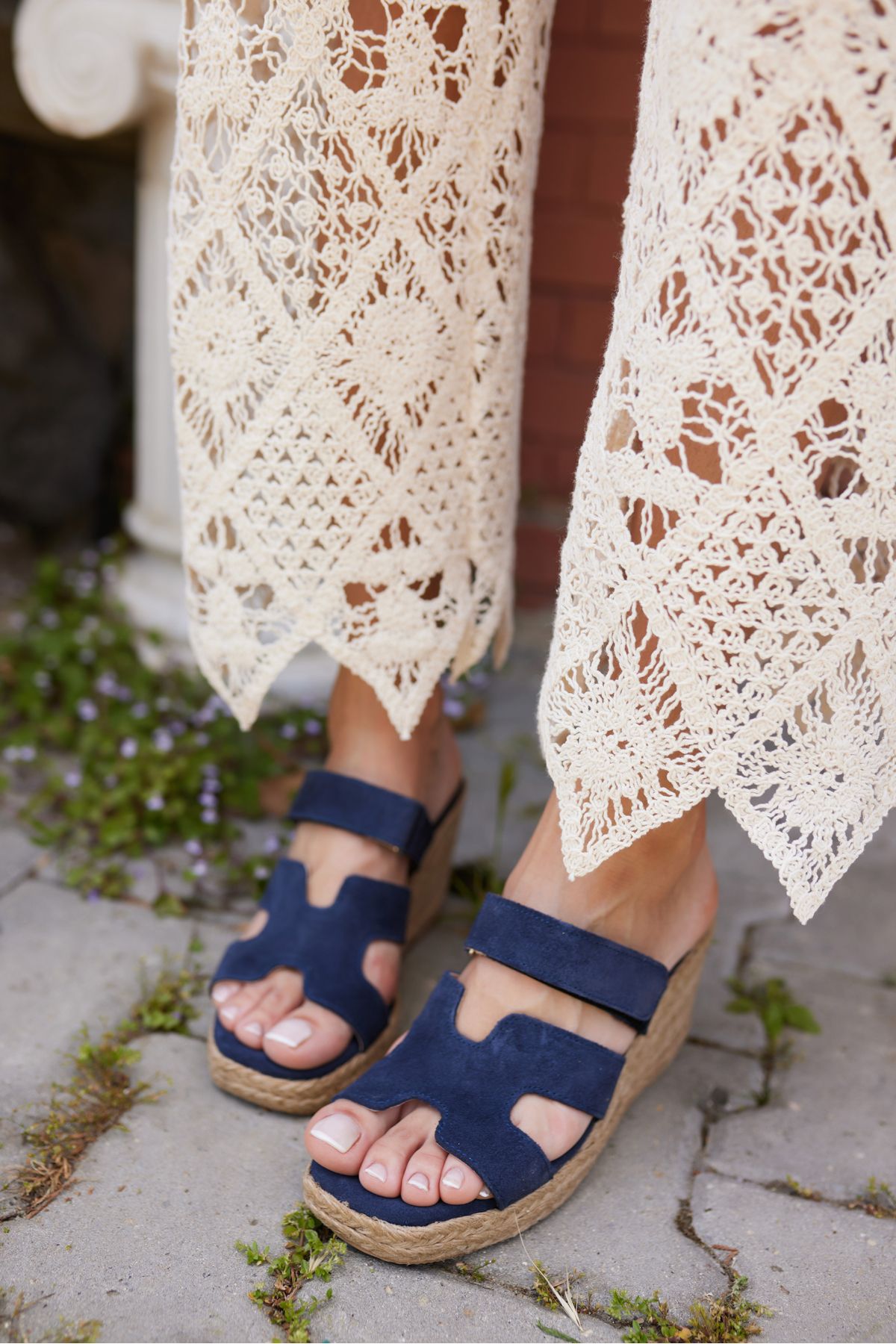 ANGELİNA JONES-Hawaiian Women's Dark Blue Real Leather Suet Espadrille Sole Slippers 7