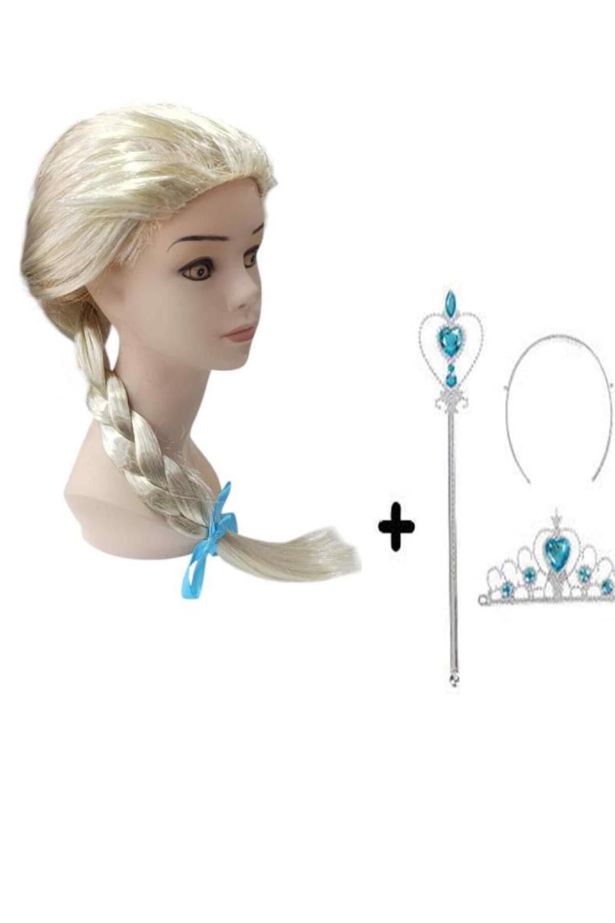 Samur Örgülü Karlar Ülkesi Frozen Elsa Peruğu Tacı ve Sopası Çocuk Boy