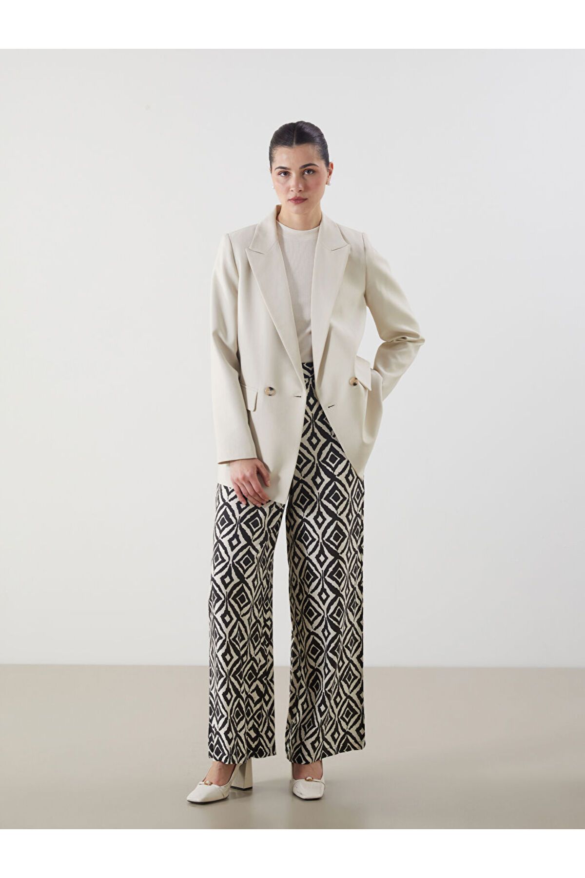 LC Waikiki LCW Modest Siyah Beli Lastikli Desenli Kadın Pantolon S5M338Z8NVY25