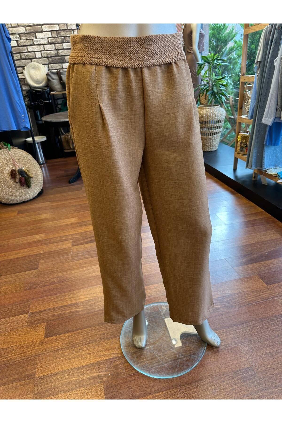 DOLCE QUEEN Kadın Beli Lastik Detaylı Kalın Keten Pantolon
