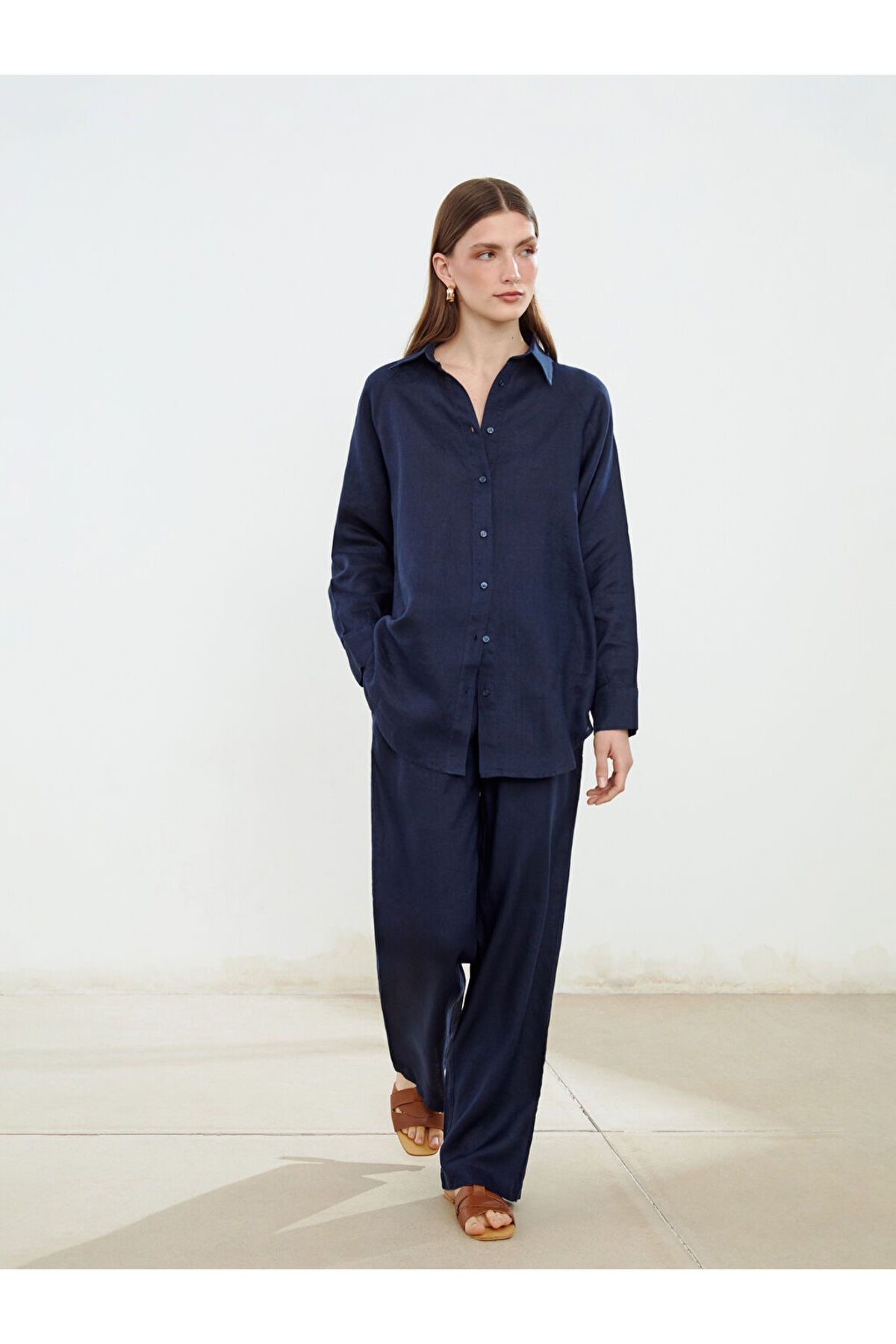 LC Waikiki LCW Modest Lacivert Beli Lastikli Keten Kadın Pantolon S5NQ89Z8NVY25