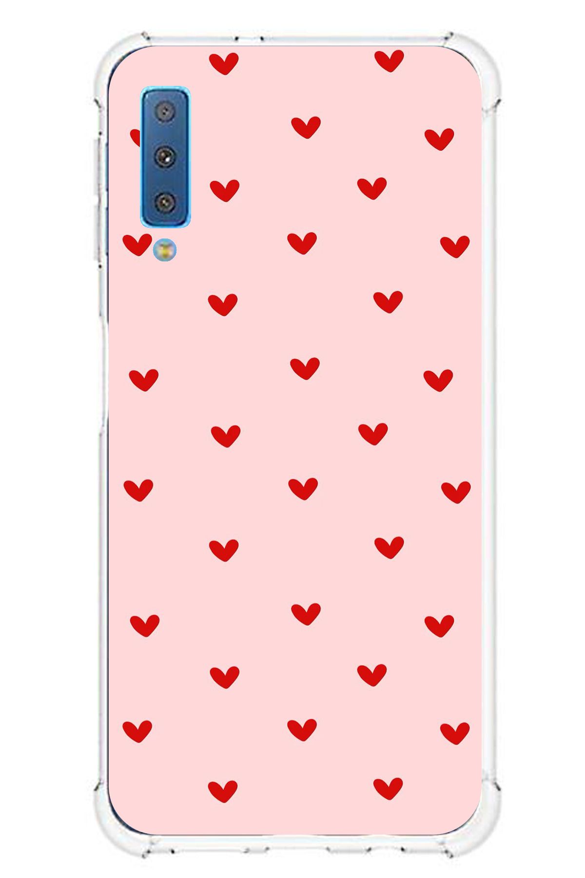 TechTree Samsung Galaxy A7 2018 Uyumlu Kırmızı Minik Kalpler Şeffaf Silikon Kılıf