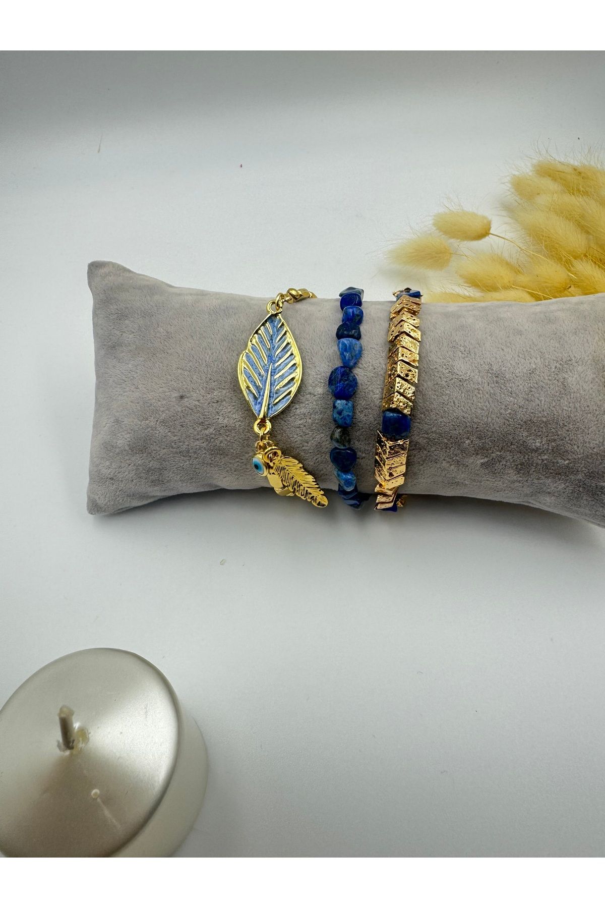 Ria jewellery Lapis, inci ve elektro lav doğaltaşlı yaprak detaylı kombin bileklik