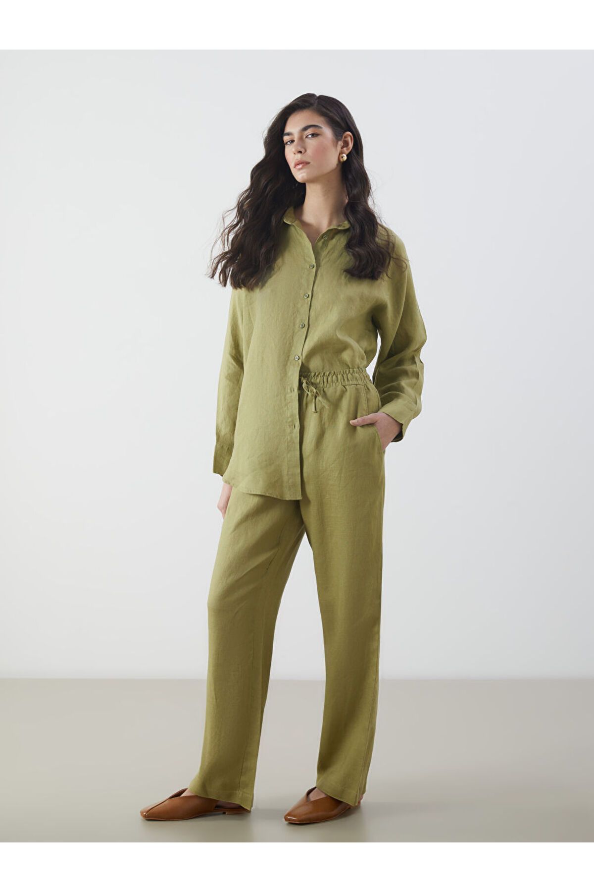 LC Waikiki LCW Modest Haki Beli Lastikli Keten Kadın Pantolon S5NQ89Z8NVY25