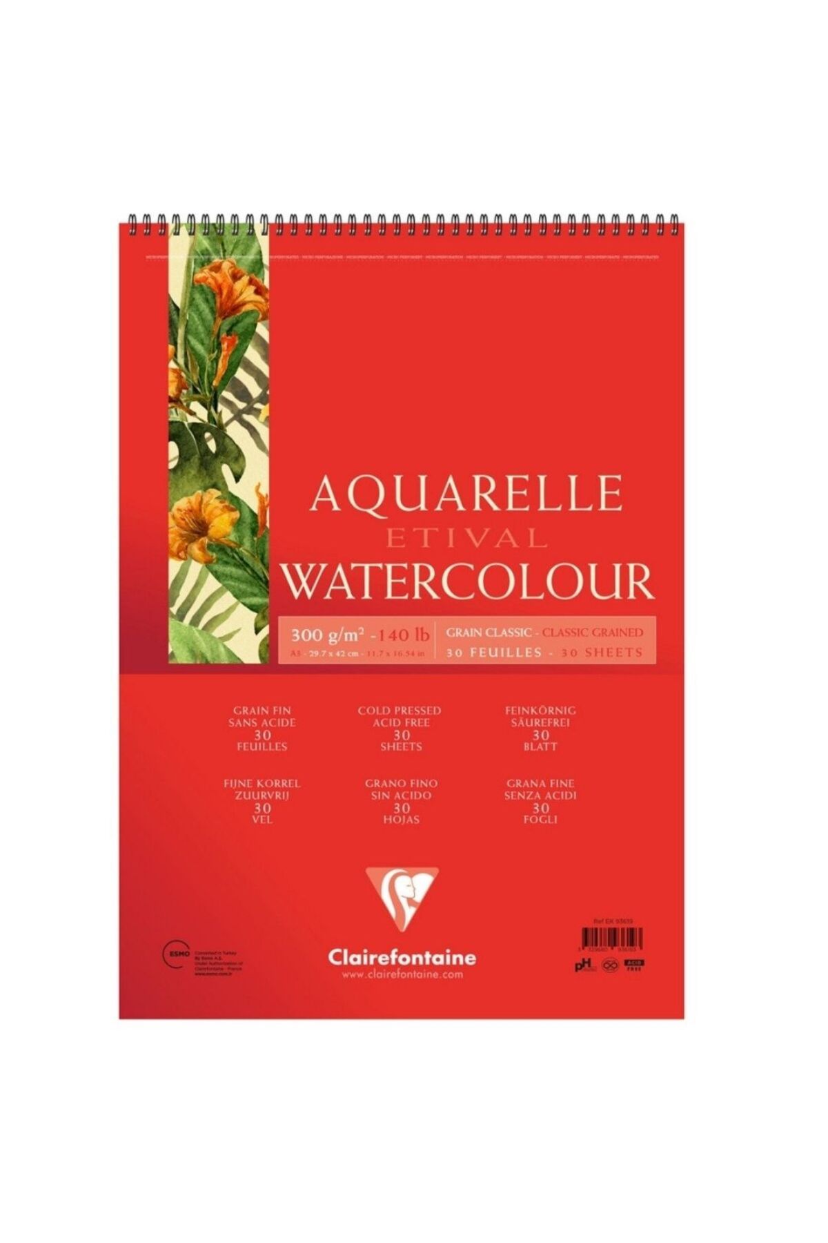 Clairefontaine Aquarelle Etival Suluboya Blok A3 Üstten Spiralli 300 gr 30 Yaprak - Kırmızı