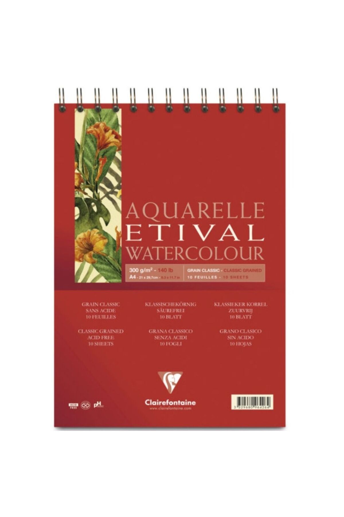 Clairefontaine Aquarelle Etival Suluboya Blok A4 Üstten Spiralli 300 gr 30 Yaprak - Kırmızı