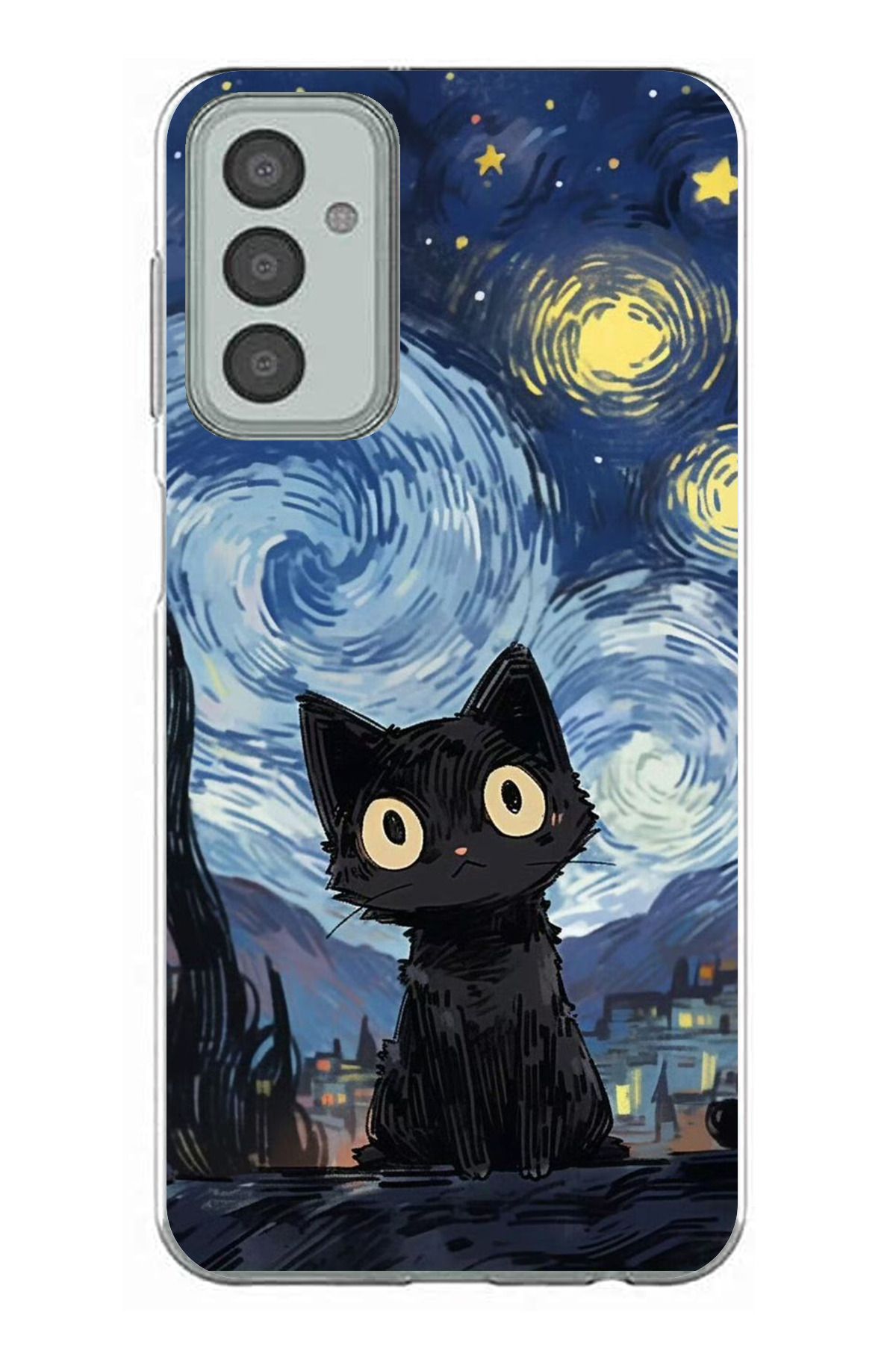 TechTree Samsung Galaxy M13 - M23 Uyumlu Gece Yarısı Kedi Tasarımlı Şeffaf Silikon Kılıf