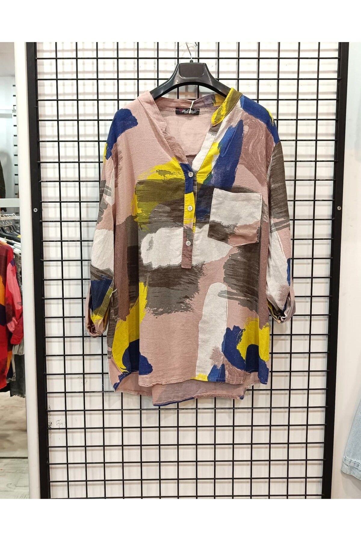 Butik Şans Patcwork Desenli Cep Detaylı İtalyan Gömlek Bluz