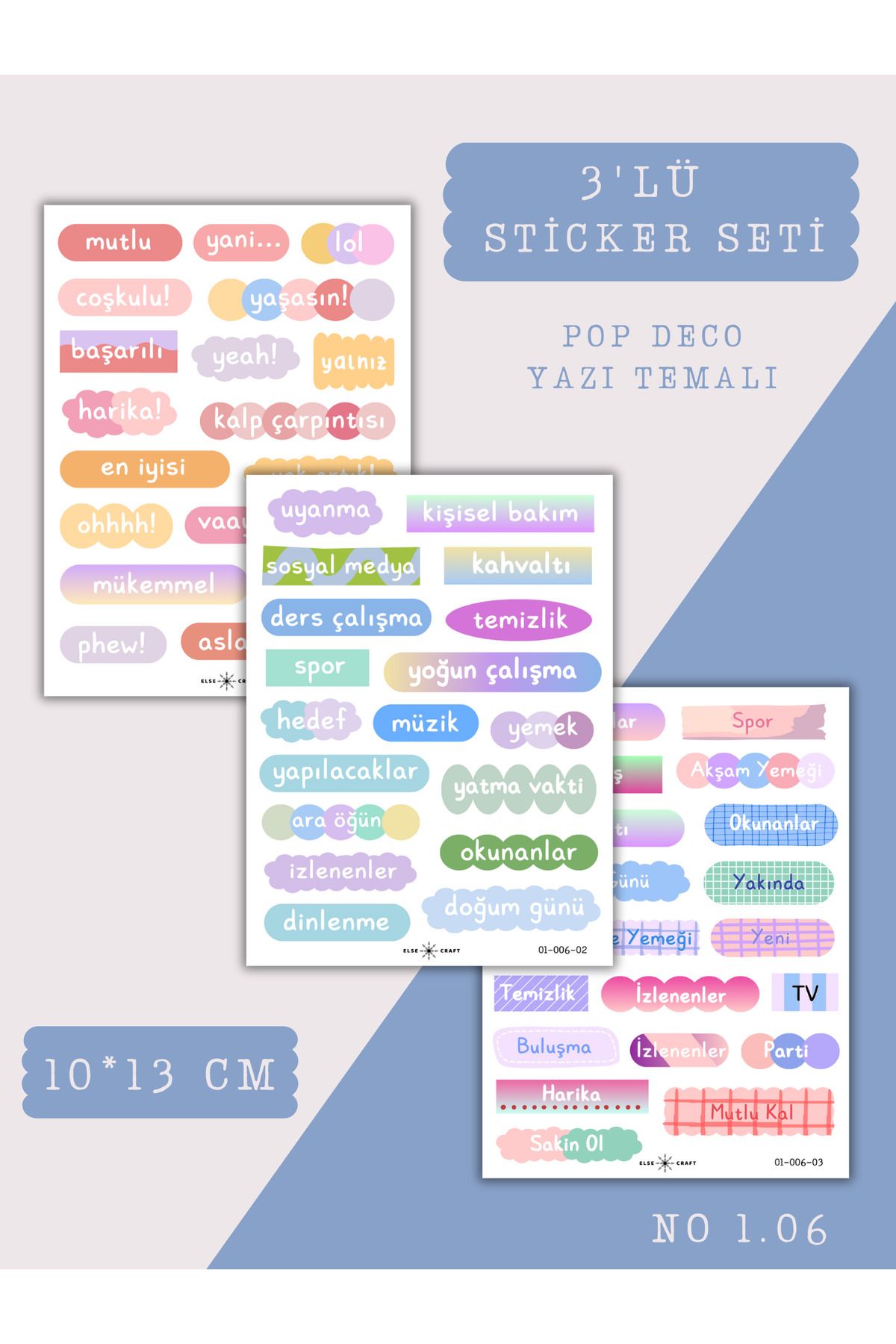 Else Craft 3'lü Pop Deco Yazılı Temalı Sticker Seti No 1.06