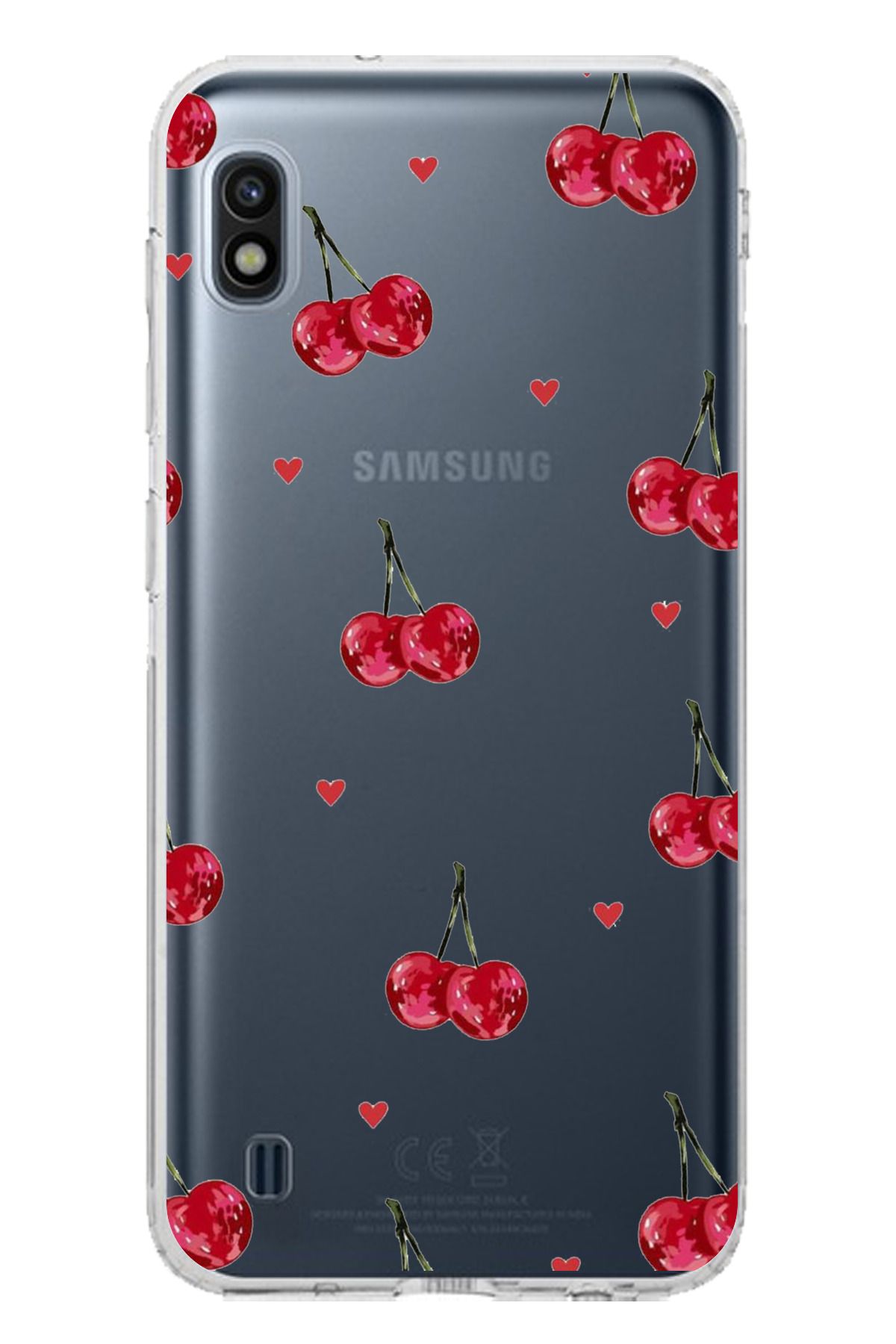 TechTree Samsung Galaxy A10 Uyumlu Kirazlar ve Kalpler Tasarımlı Şeffaf Silikon Kılıf
