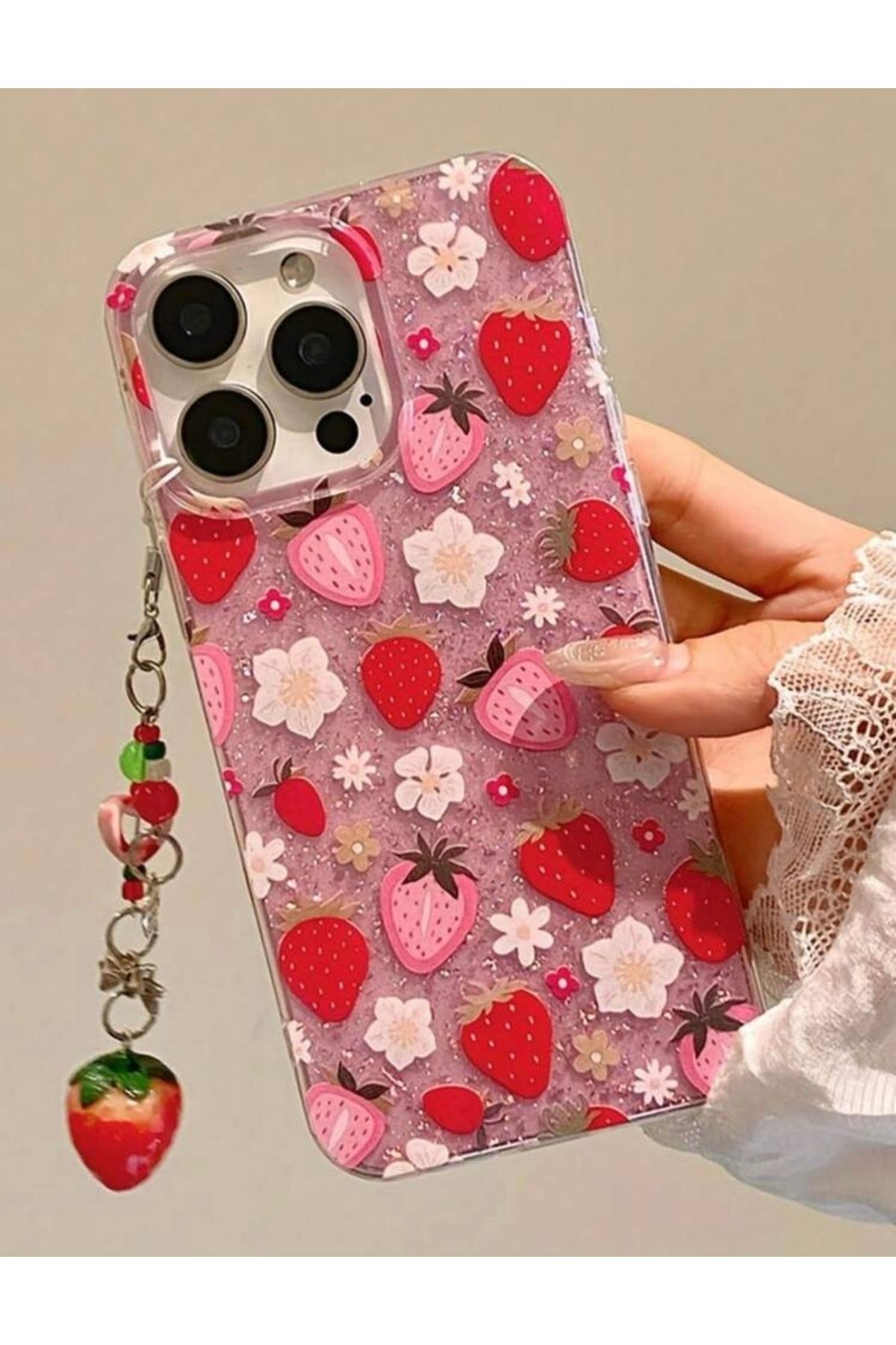 FİŞNEİLETİŞİM İPHONE 14 PROMAX UYUMLU SİMLİ ÇİLEK DESENLİ CHARMLI KILIF