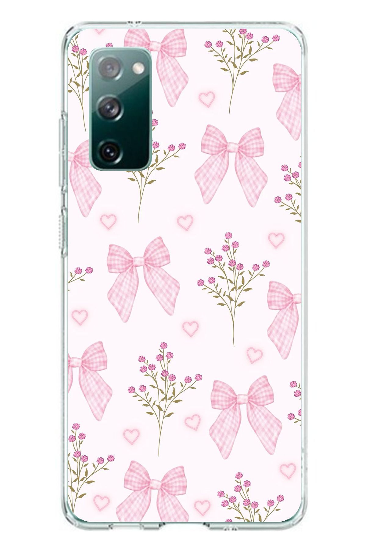 TechTree Samsung Galaxy S20 FE Uyumlu Pembe Çiçek ve Fiyonklar Şeffaf Silikon Kılıf