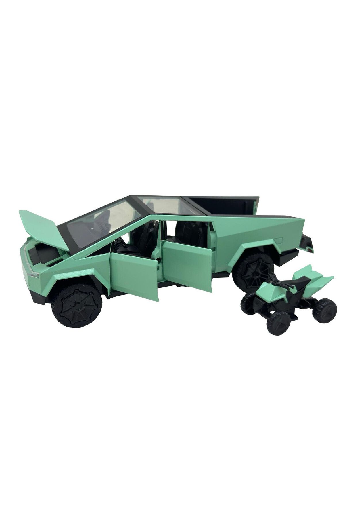 JPT-Tesla Cybertruck green metal model with metal atv 1:32 with sound, lights, opens doors 2