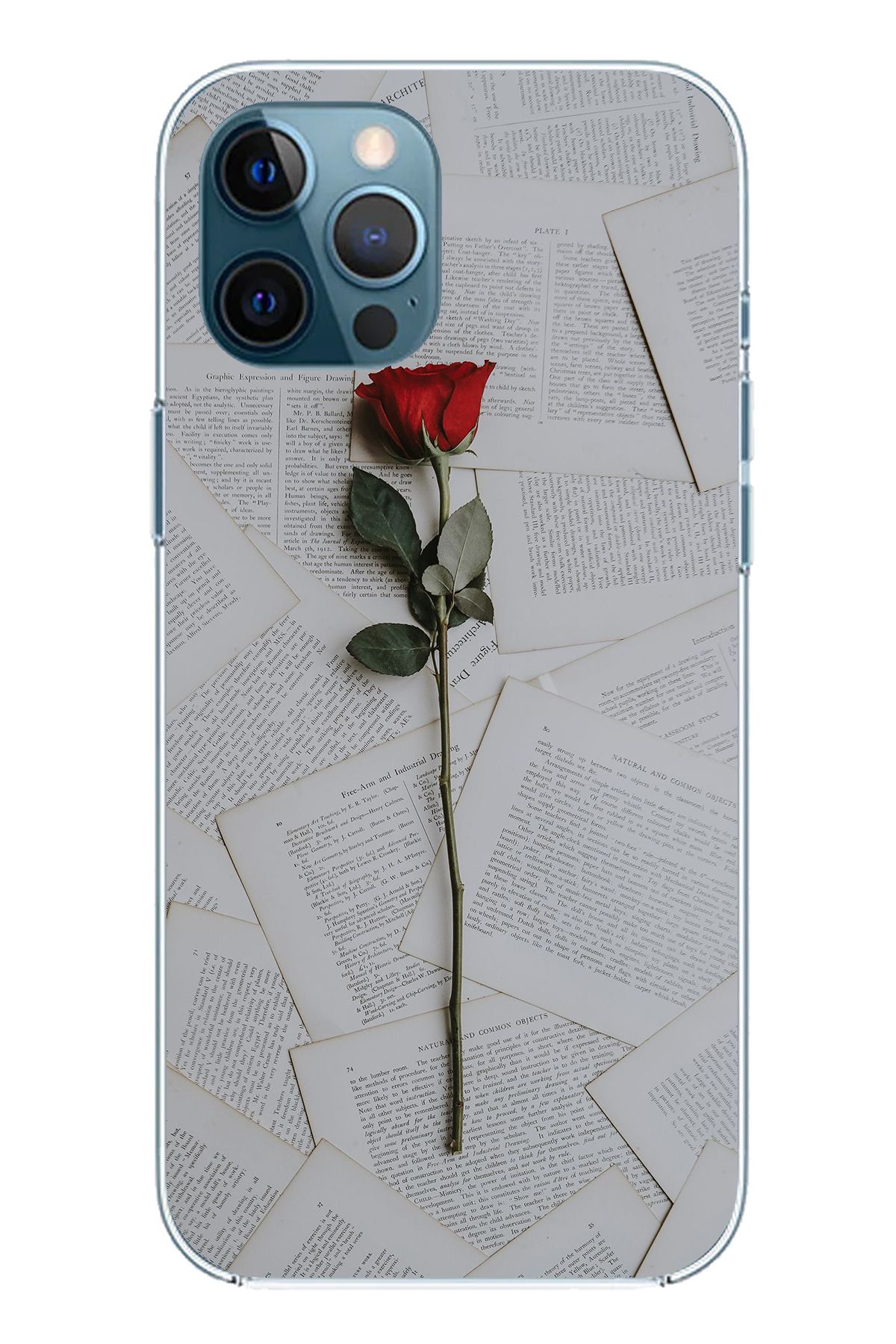 TechTree iPhone 12 Pro Max Uyumlu Kırmızı Gül Şeffaf Silikon Kılıf