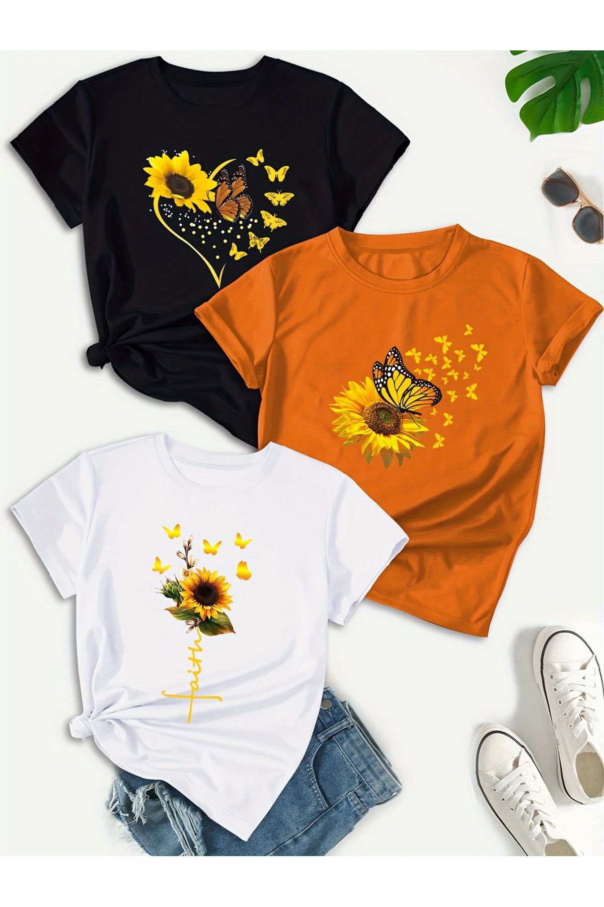 aynewmoda 3 Kadın Çiçek Kelebek Baskılı Günlük Yuvarlak Yaka Kısa Kollu Tişört