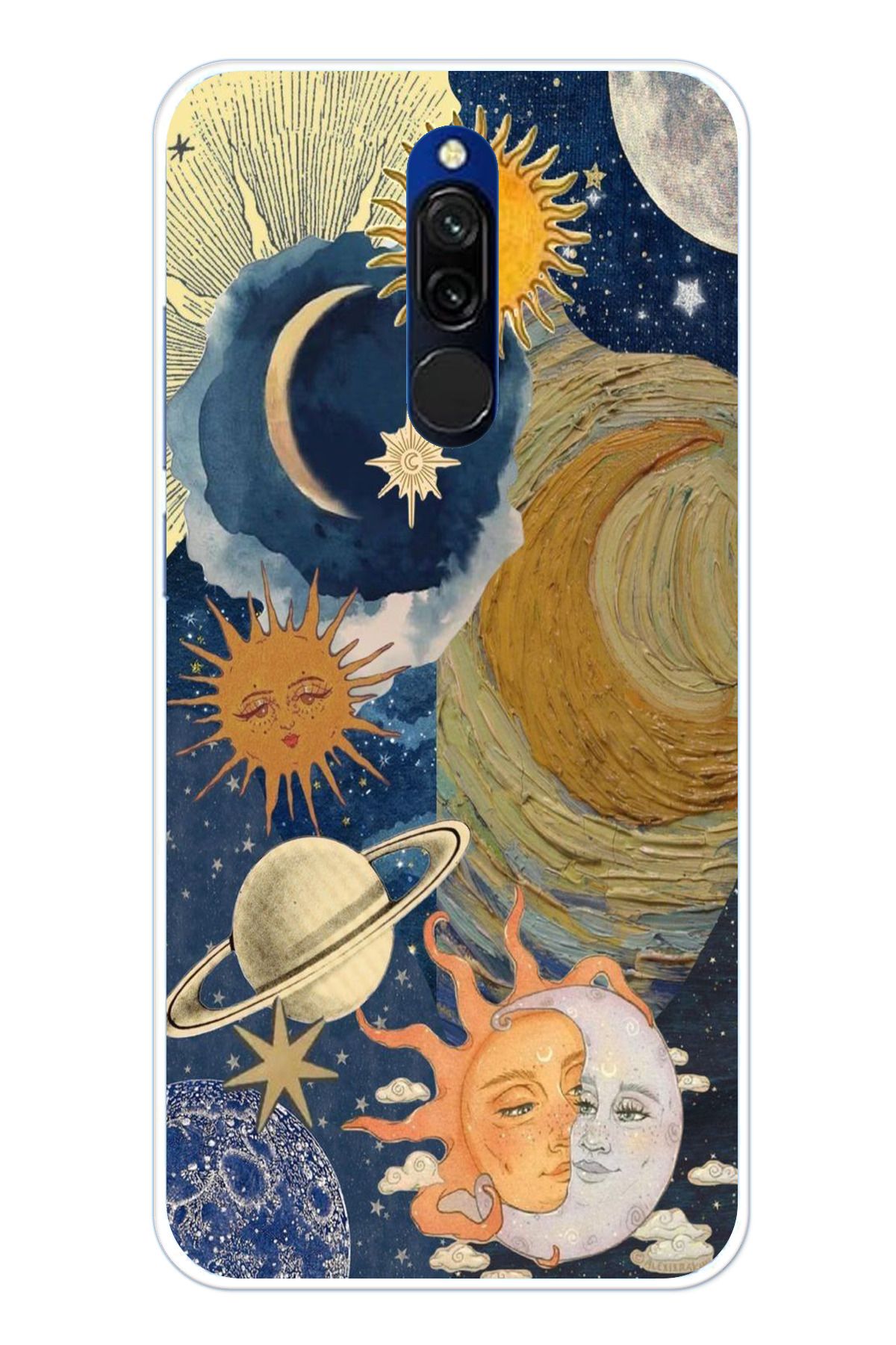 TechTree Redmi 8 Uyumlu Güneş ve AY Evren Tasarımlı Şeffaf Silikon Kılıf
