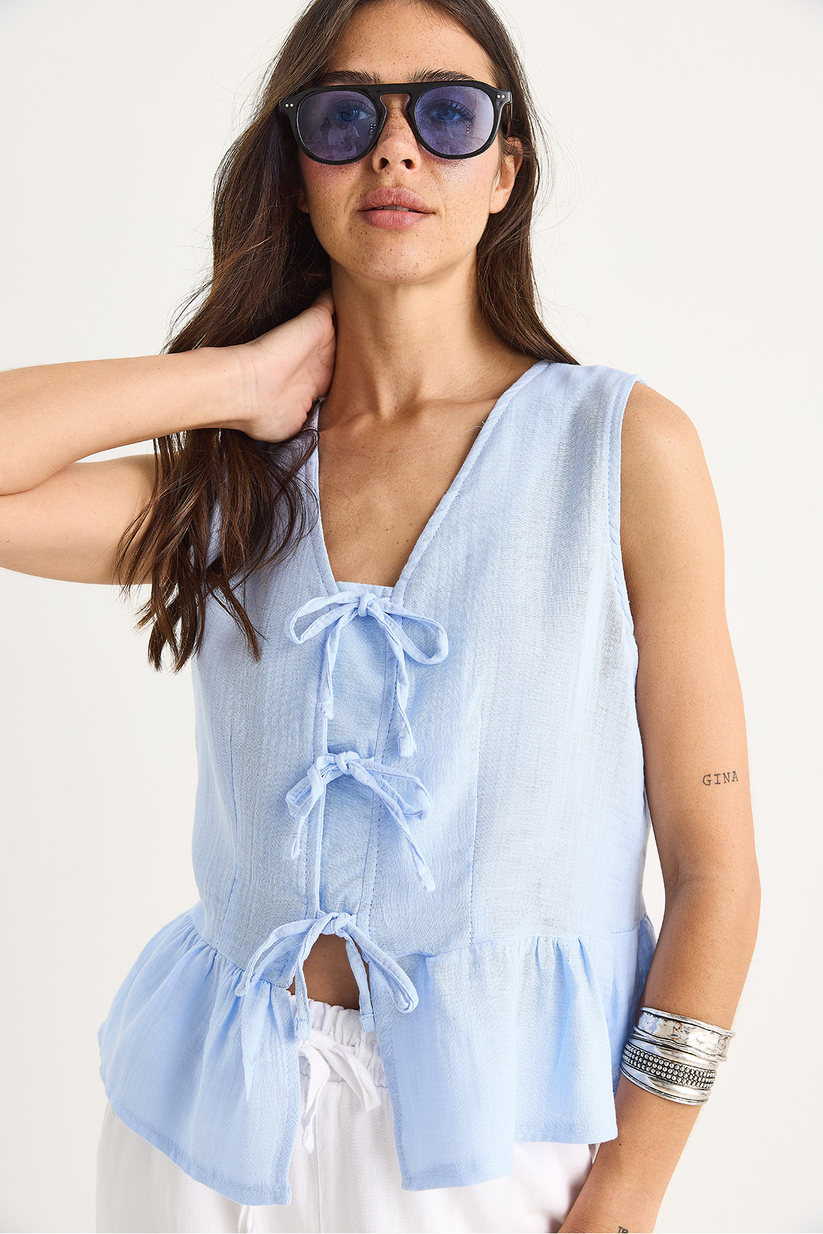 LUCCI V-Neck Crepe Blouse with Bow Tie 4