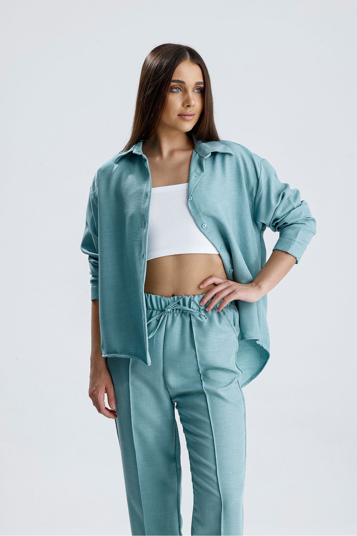 Sienza Kadın Oversize Alt Üst Takım – Gömlek ve Lastikli Pantolon İkili Set