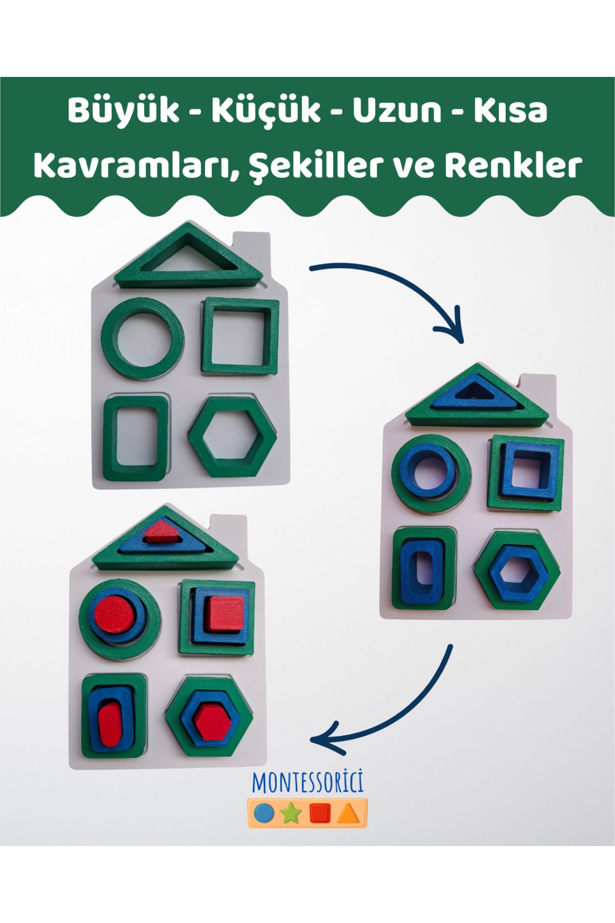 Montessori Ev Şekilli Şekil & Boyut Öğrenme Seti – 15 Parça