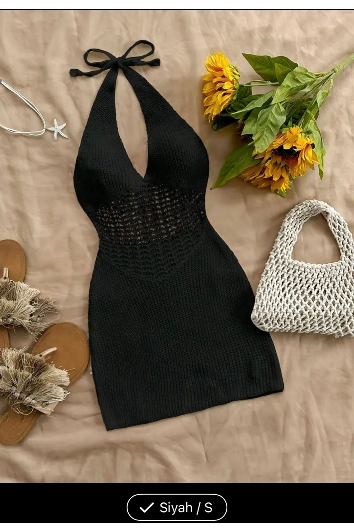 Vamos Jewelry Örgü Siyah Elbise Sırtı Açık Tatil Stili Elbise