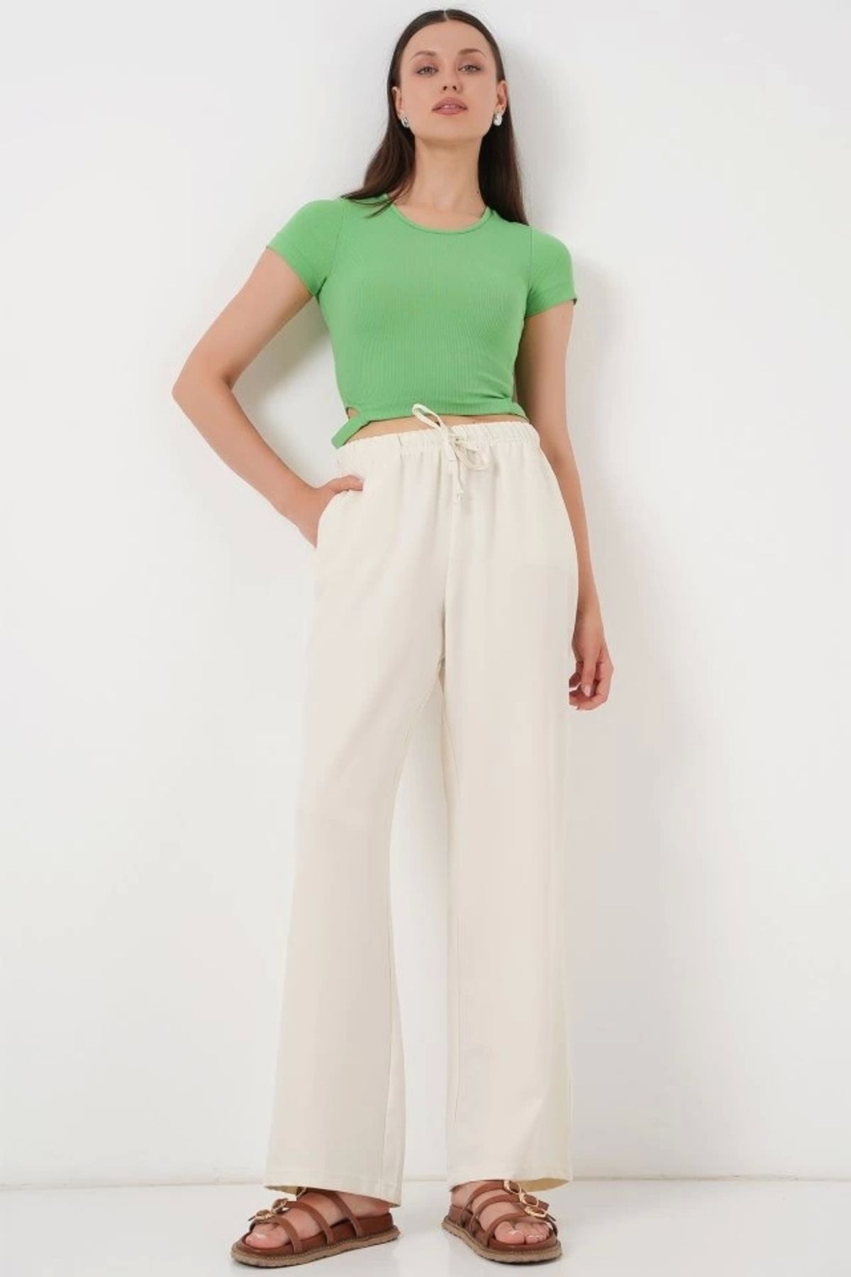 Butik Geniş Paça Keten Pantolon 6735 - Ekru