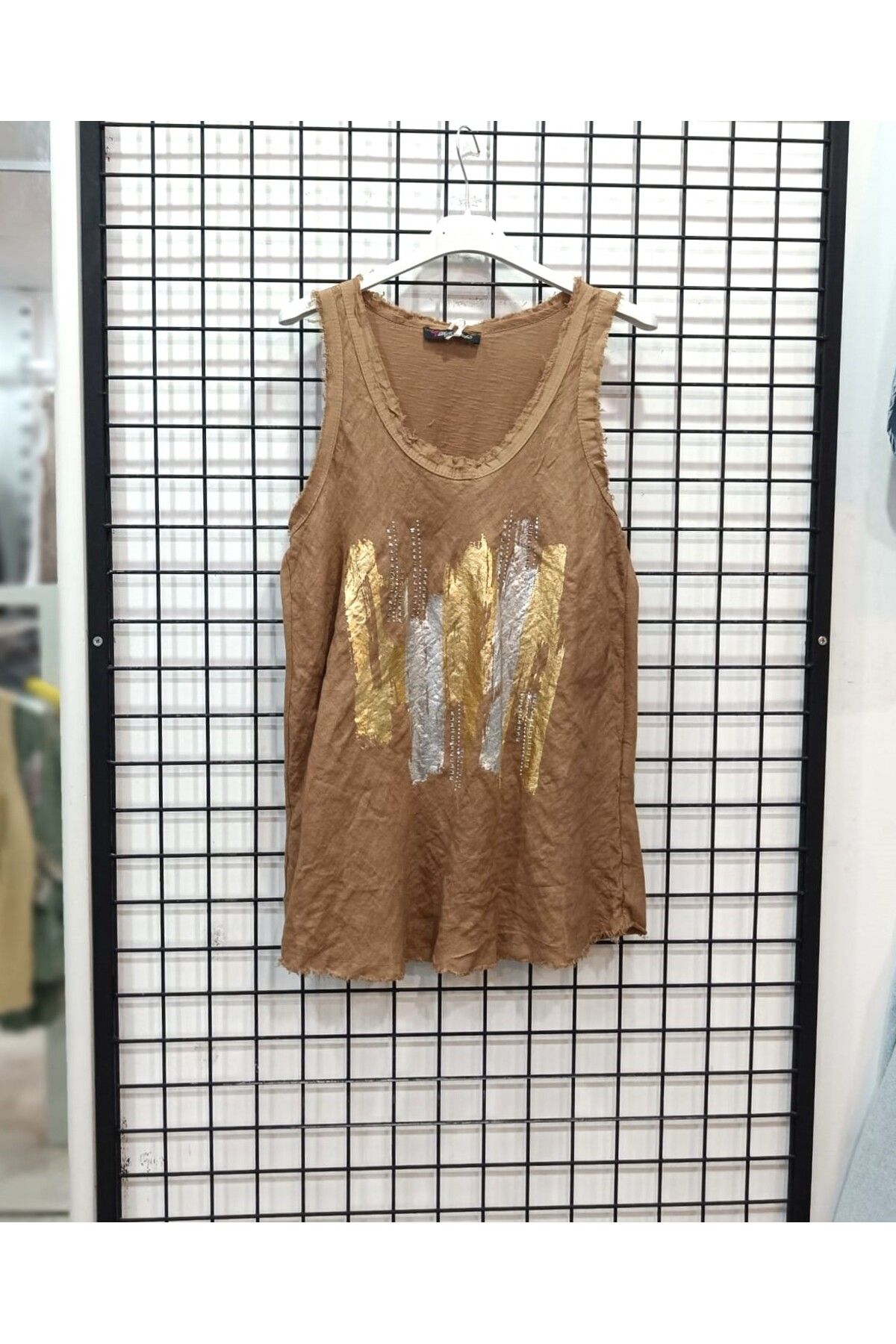 Butik Şans Taşlı Yaldız Baskı Detaylı Saçaklı İtalyan Bluz