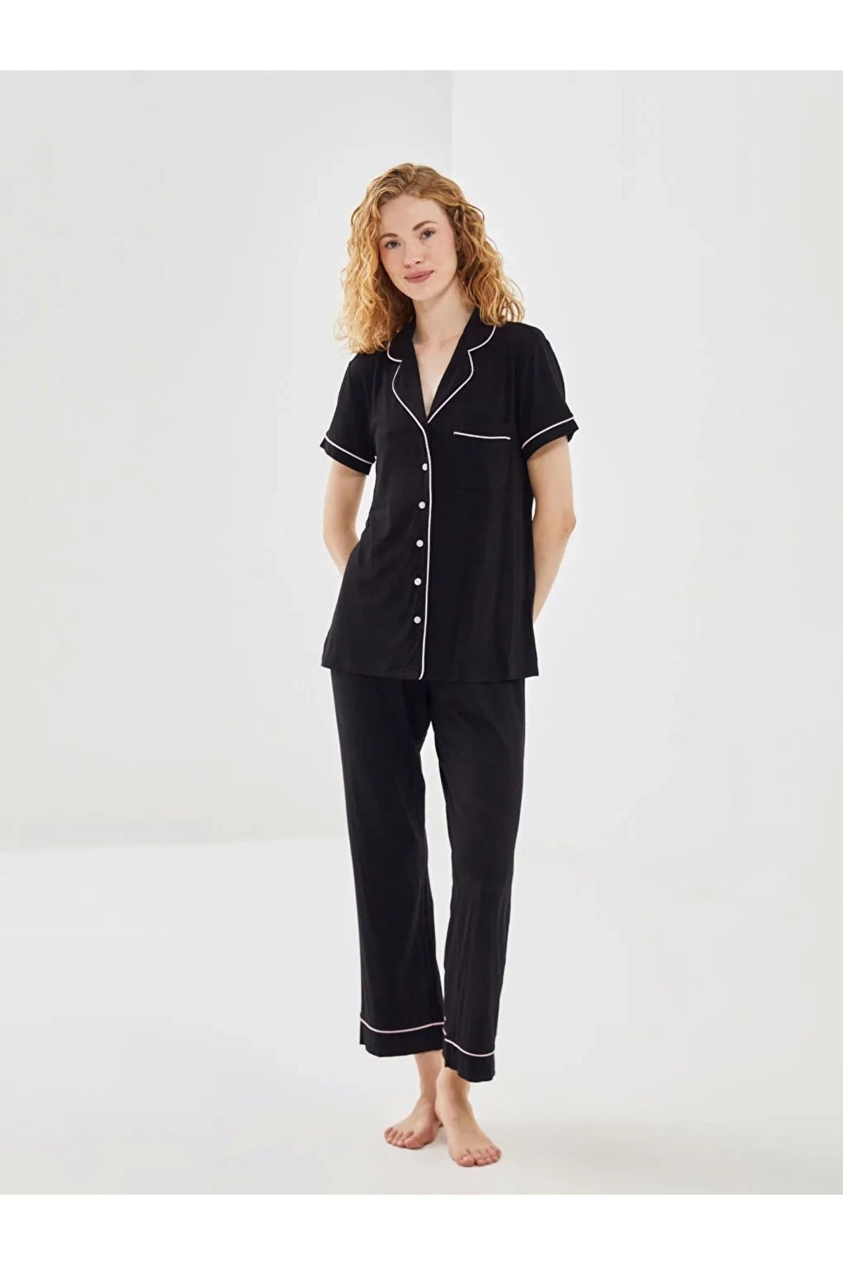 LC Waikiki DREAM Siyah Gömlek Yaka Kısa Kollu Kadın Pijama Takımı