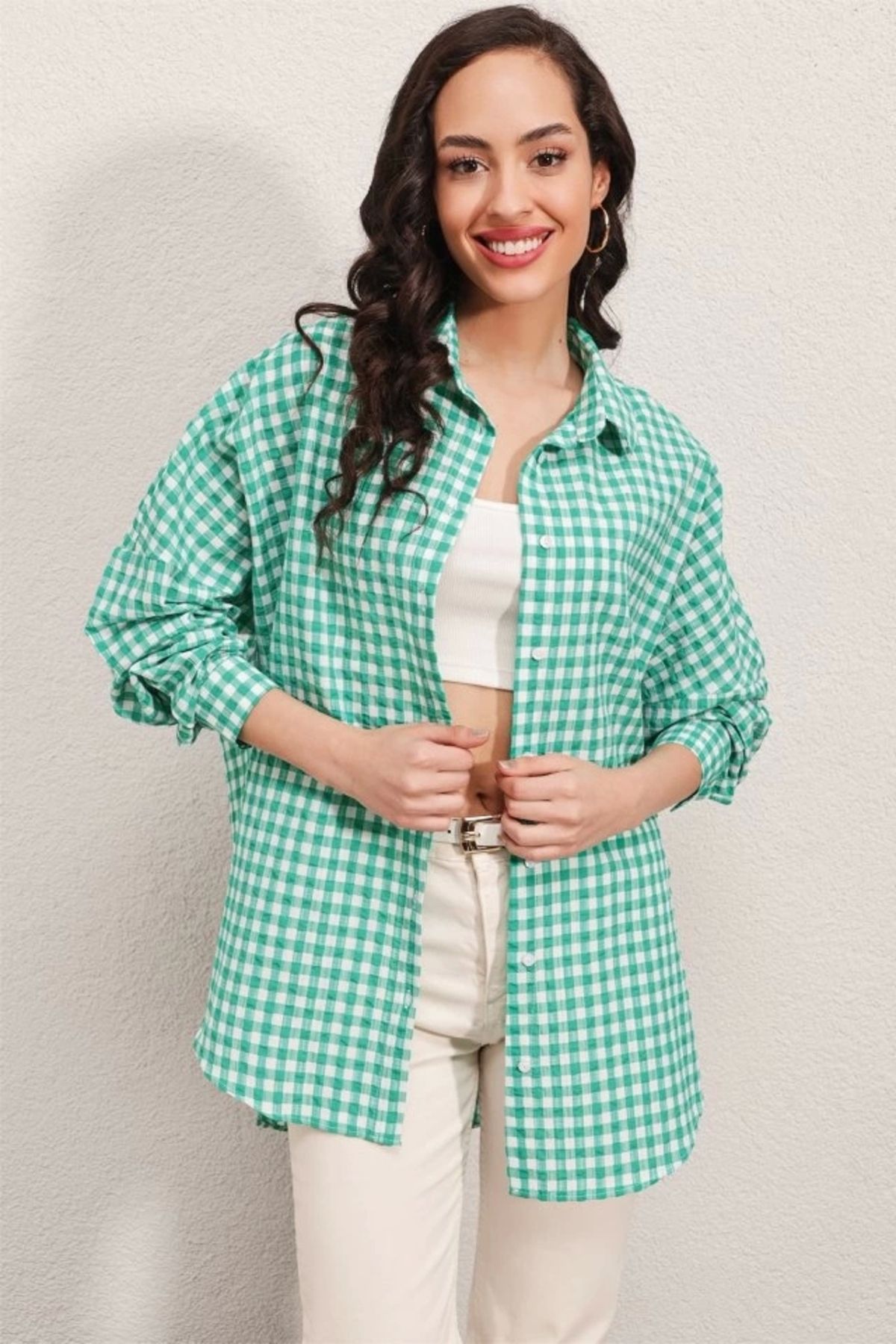 Butik 3900 Oversize Kareli Gömlek - Y.Yeşil