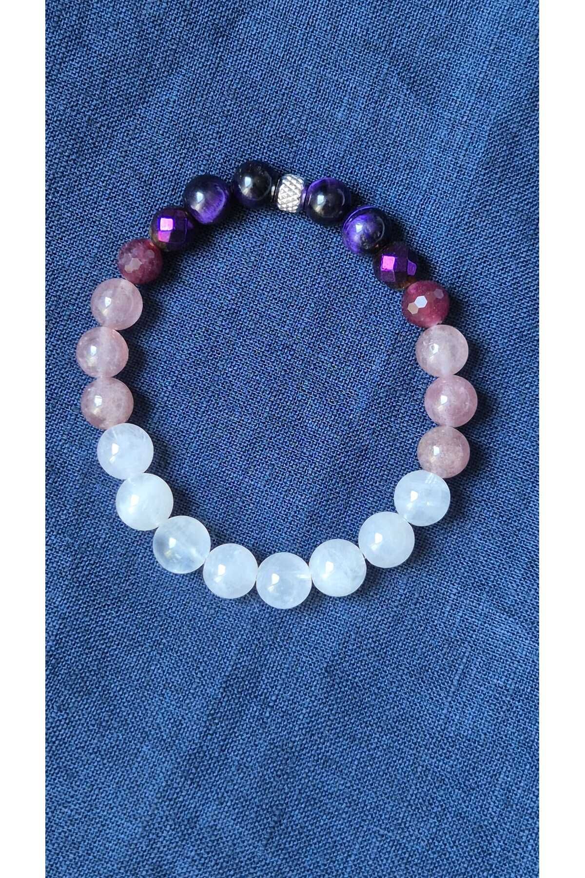 Accessories Vanilla Avenue Handmade Doğal Taş Pembe Kuvars Çilek Kuvars Garnet Hematit Kaplan Göz Kadın Bileklik