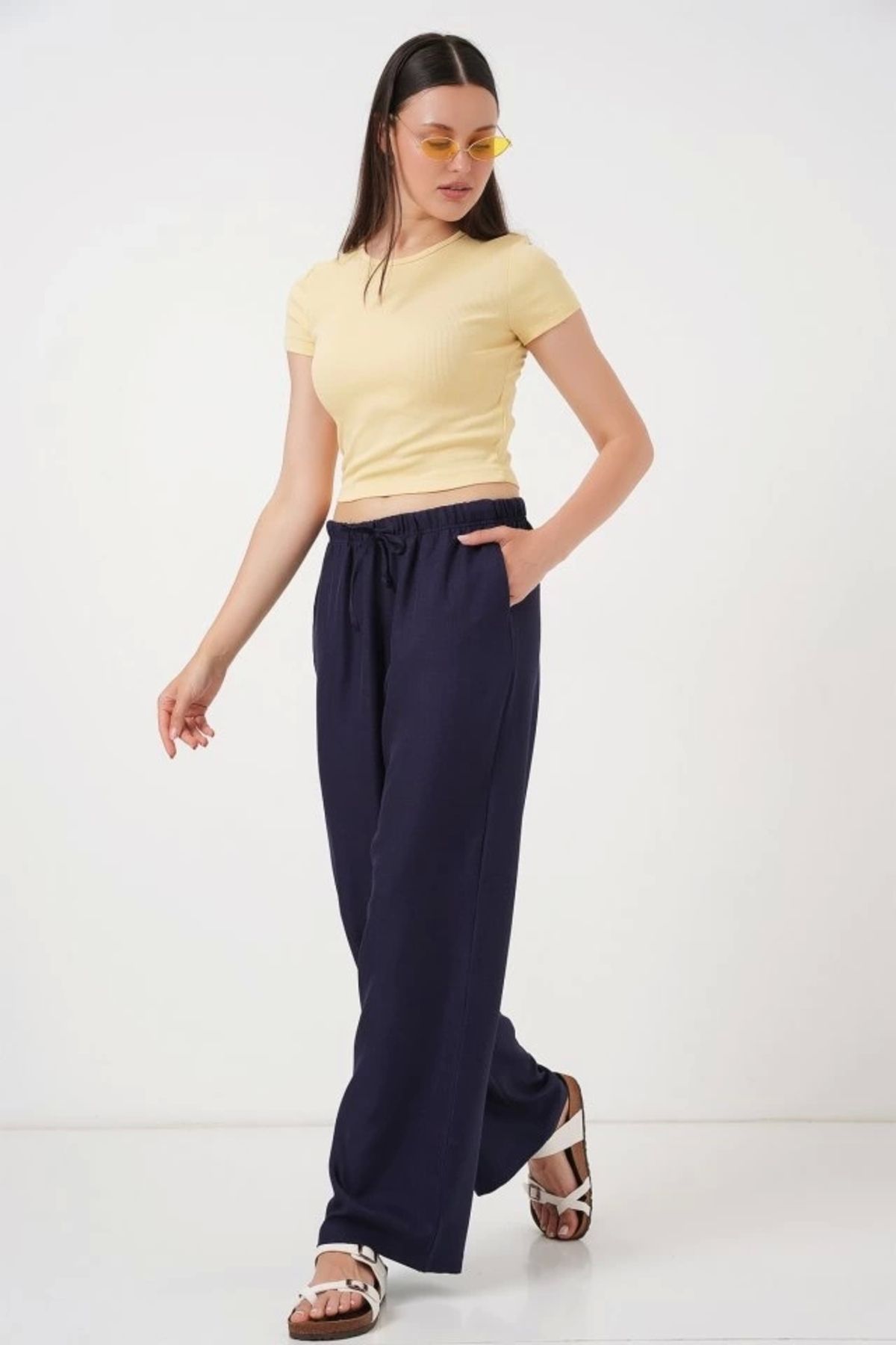 Butik Geniş Paça Keten Pantolon 6735 - Lacivert