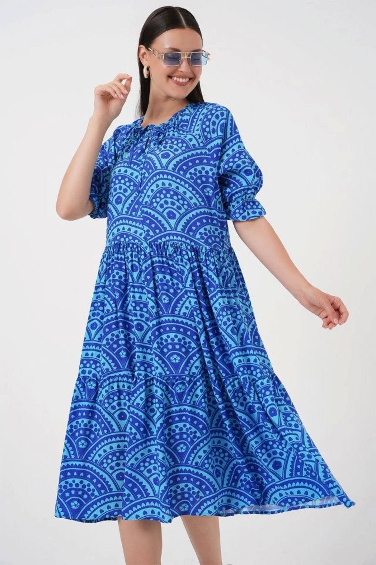 Butik Kısa Kol Desenli Elbise 2553 - Saks